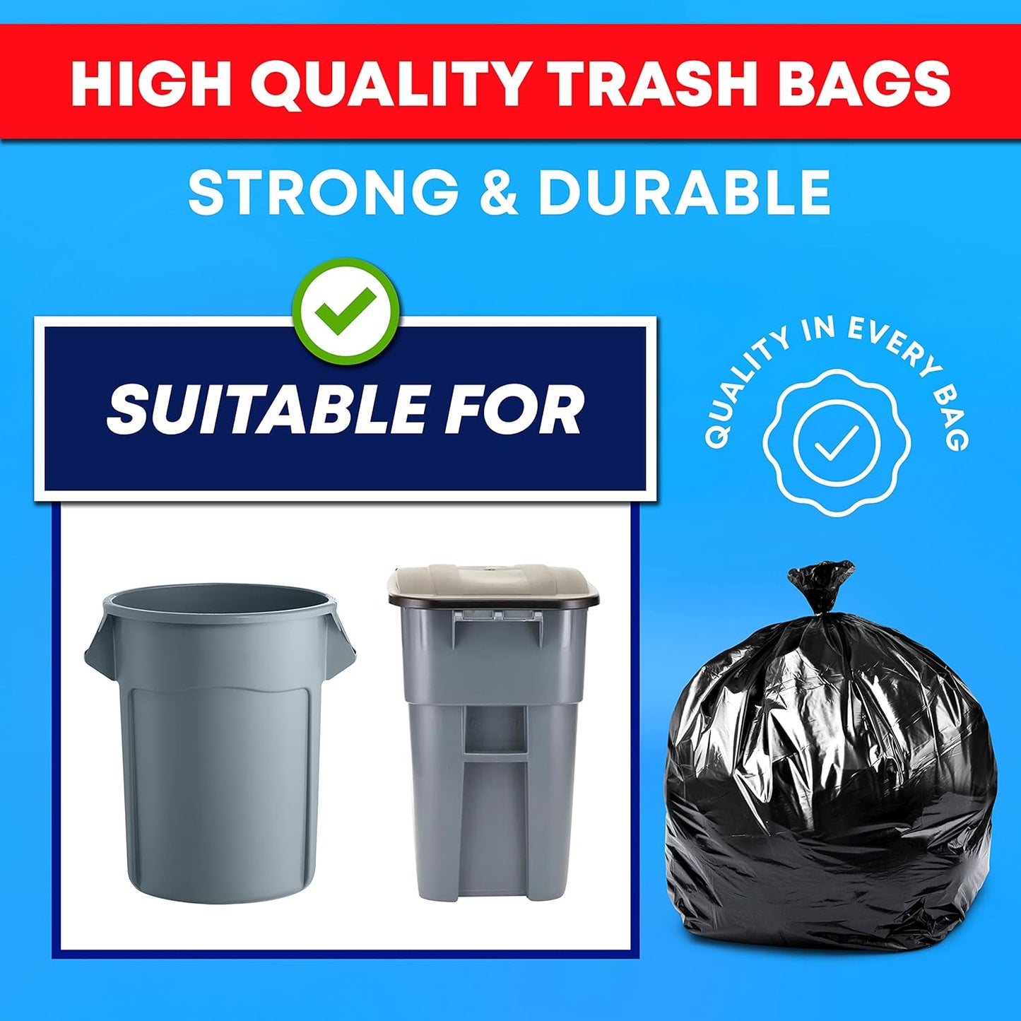Tasker 65 Gallon Trash Bags Heavy Duty | 50 Count with Ties | Extra Large 64 Gallon Trash Bags for