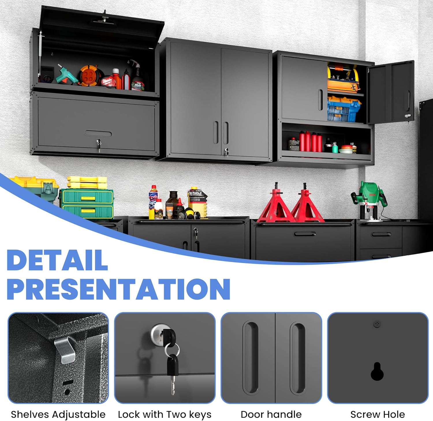 Garage Wall Cabinet with Doors and Shelves, Wall Mounted Metal Storage Cabinet with Open Storage
