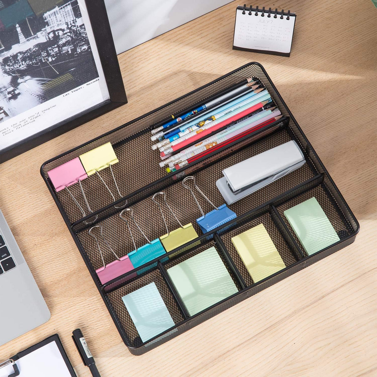 Amazon Basics Desk Drawer Organizer for Office and Home, Metal Mesh, Anti-Slip, 6 Compartments