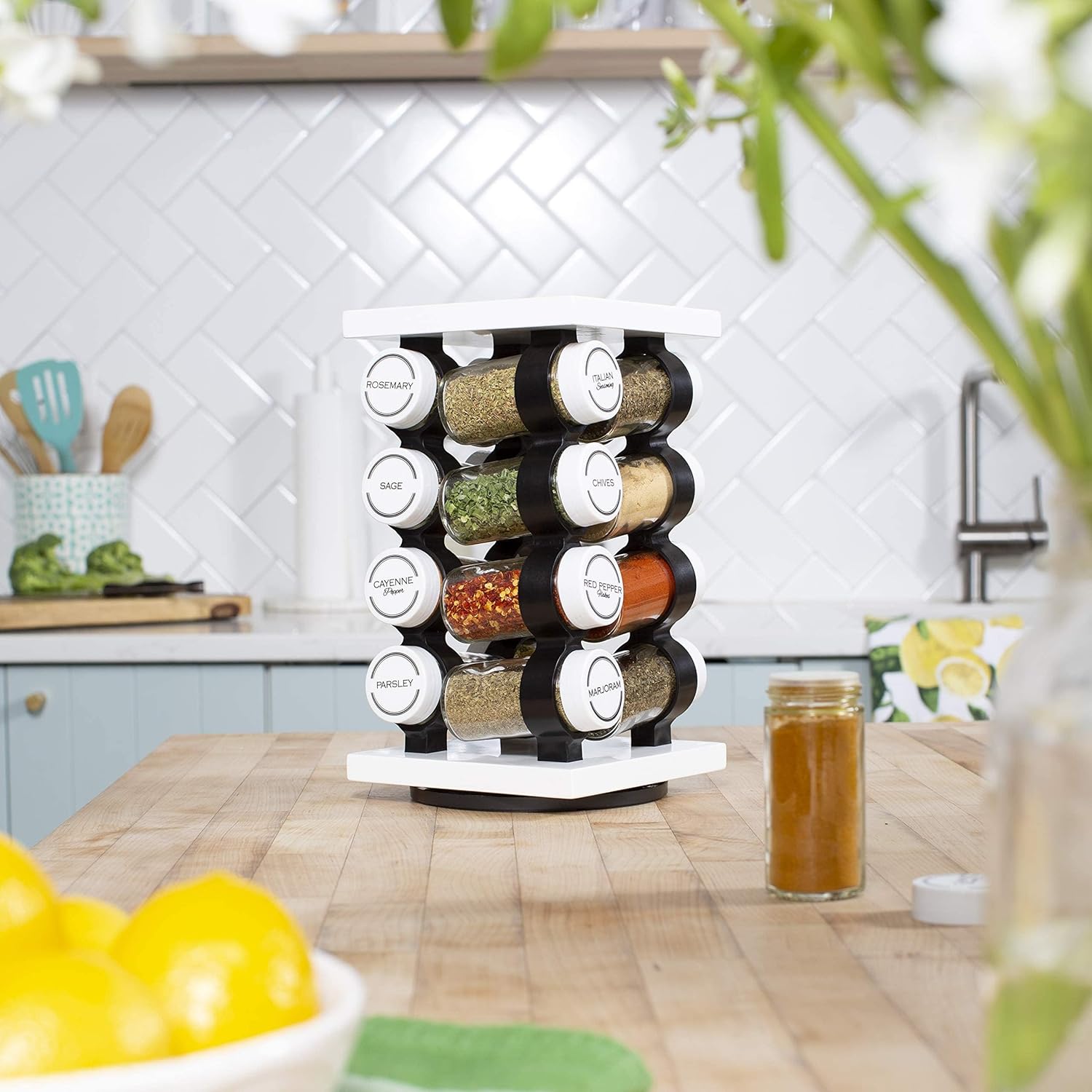 Orii Spice Rack 16 Jar Set White Filled with Spices - Rotating Standing Rack Shelf Holder &