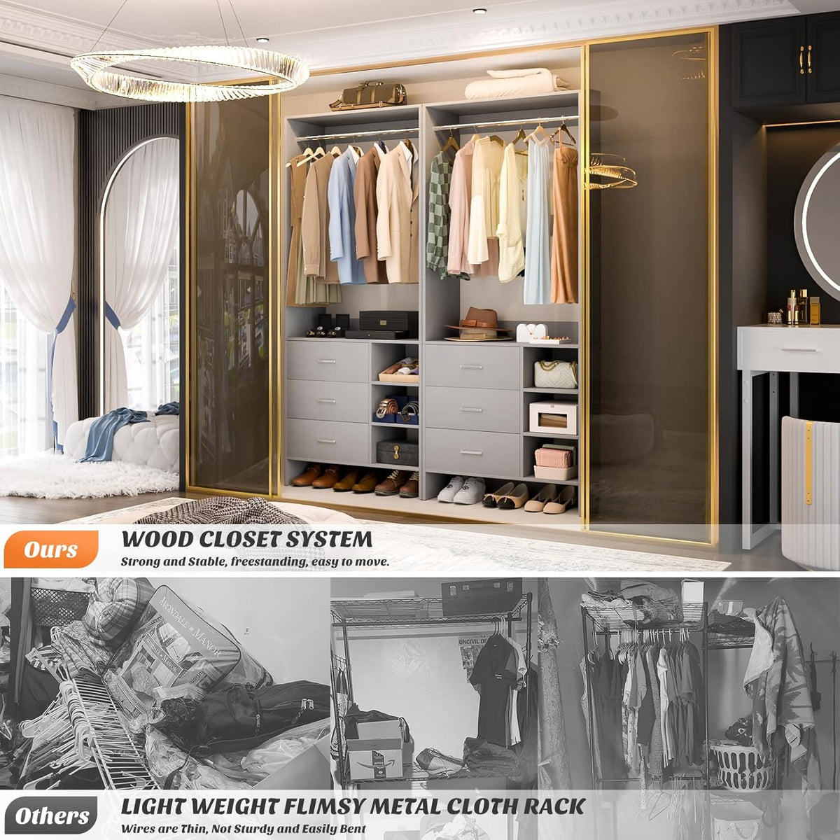 Aheaplus 2.5FT Closet System with 3 Drawers, 29.5’’ Closet Organizer, Wood Closet Organizer System
