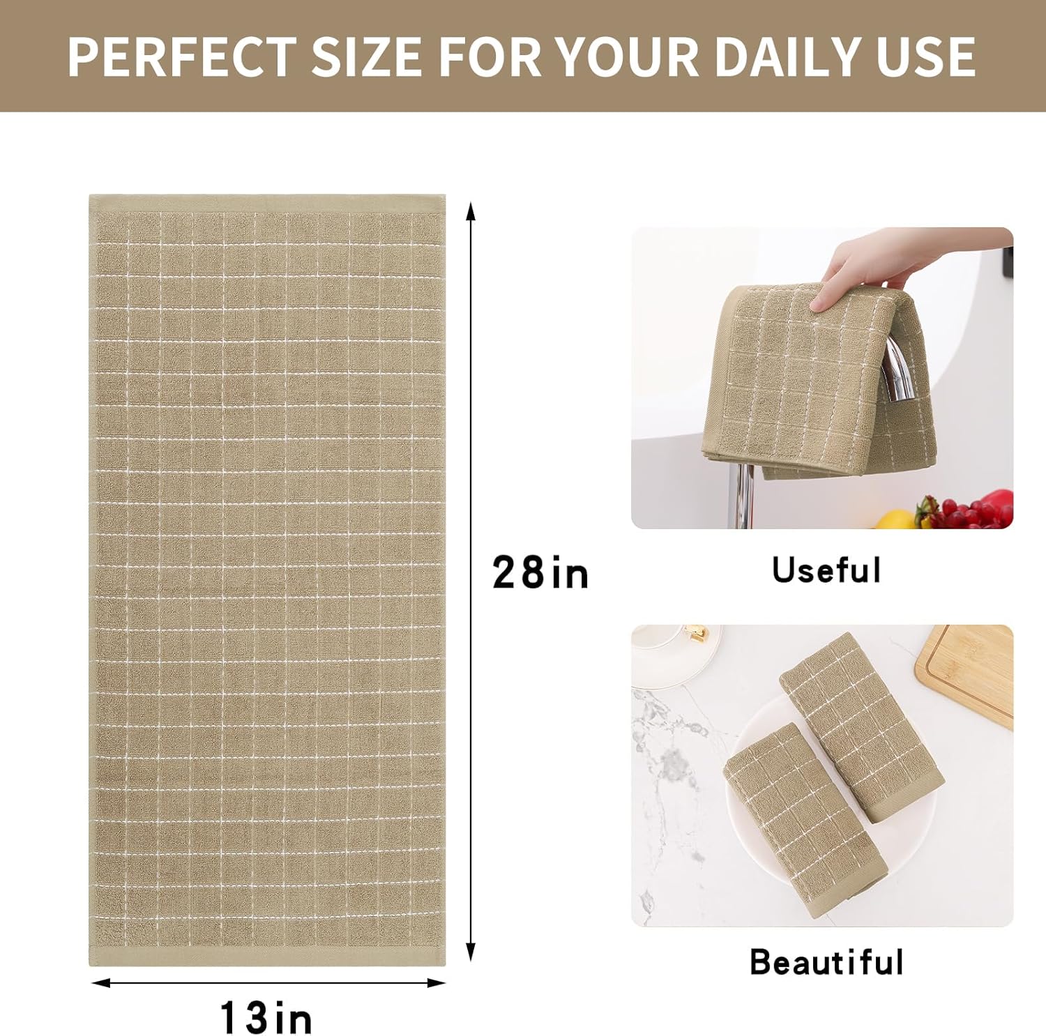 Homaxy 100% Cotton Terry Kitchen Towels(Tan, 13 x 28 inches), Checkered Designed, Soft and Super
