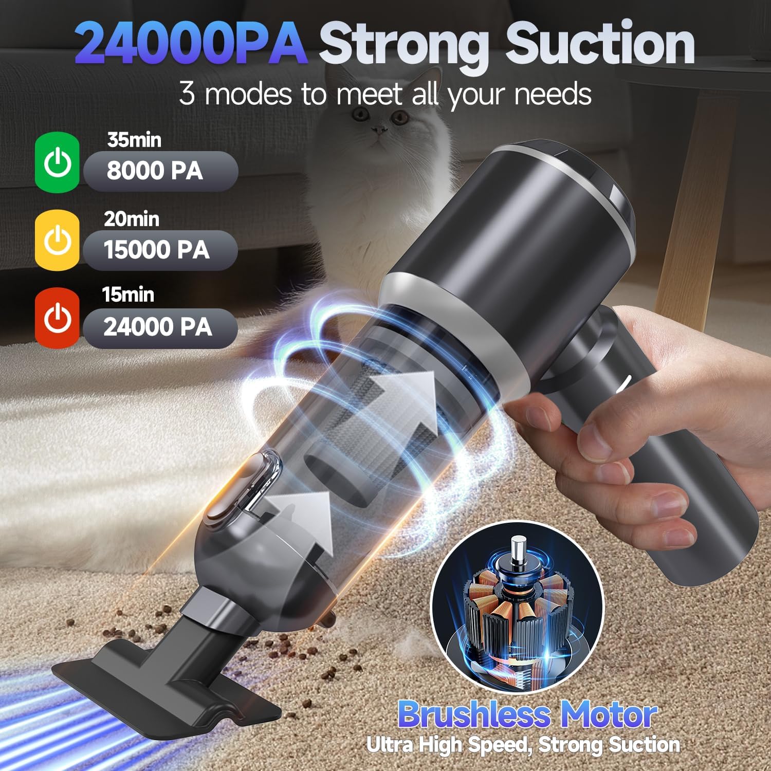 Car Vacuum Portable Cordless, Small Handheld Vacuum Cleaner with 24000PA High Power Suction, Mini