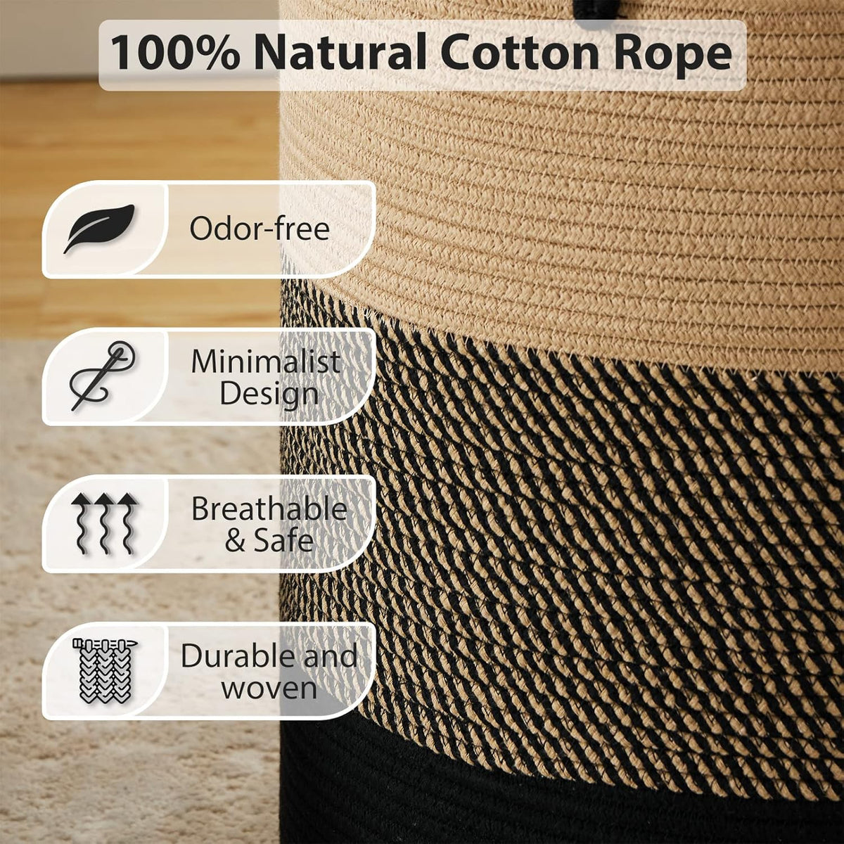 Fiona's magic 58L Large Woven Laundry Hamper, Tall Cotton Rope Laundry Basket, Boho Storage Basket