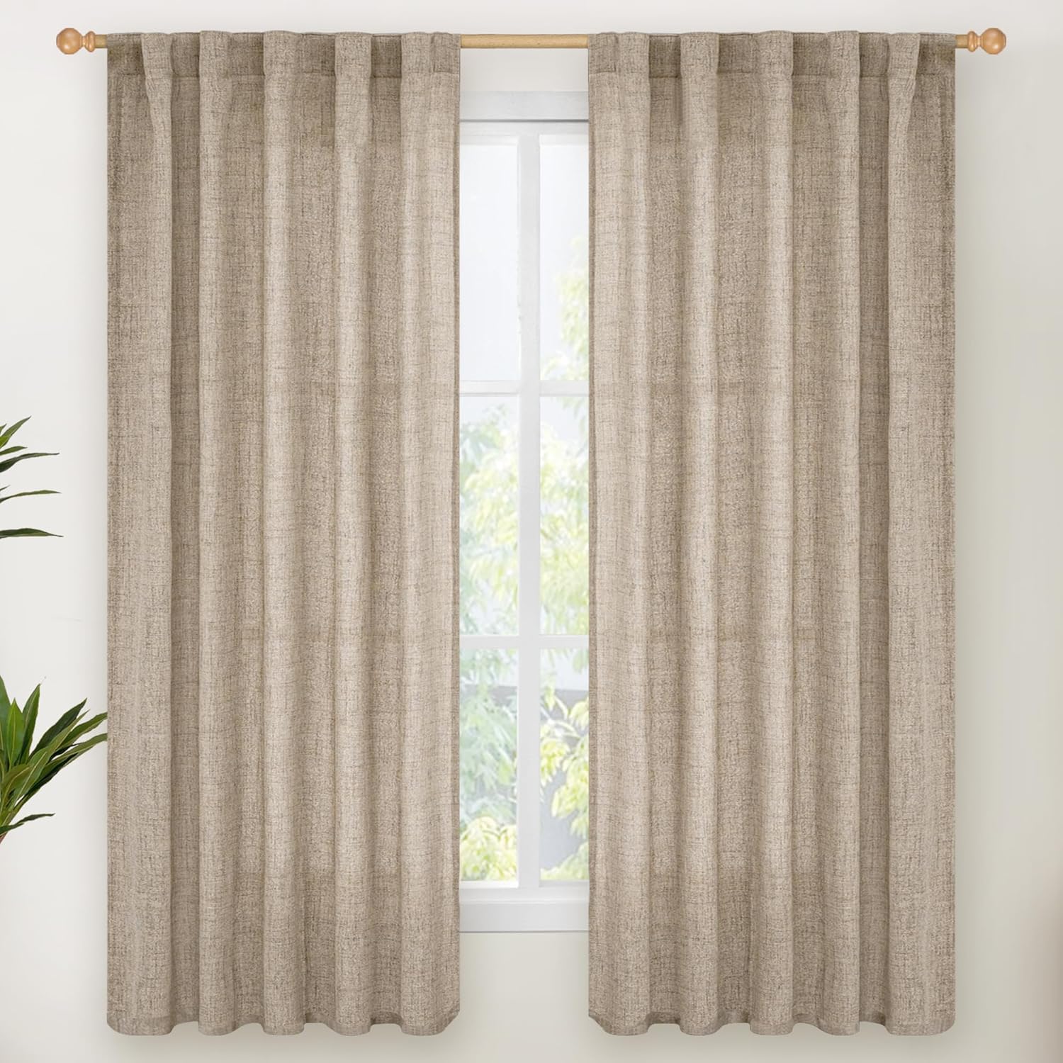 YoungsTex Dark Oatmeal Linen Curtains 63 Inch Length for Living Room, Light Filtering Semi Sheer