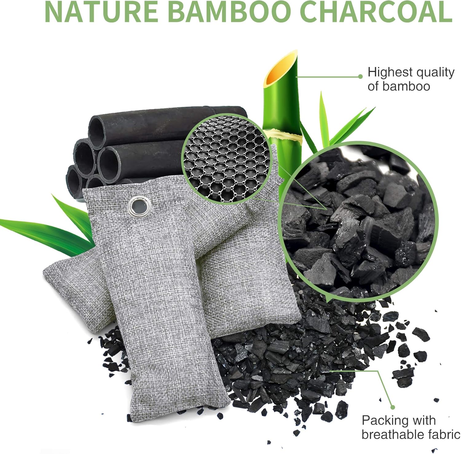 6 Pack Bamboo Charcoal Air Purifying Bag, Activated Charcoal Bags Odor Absorber, Moisture Absorber