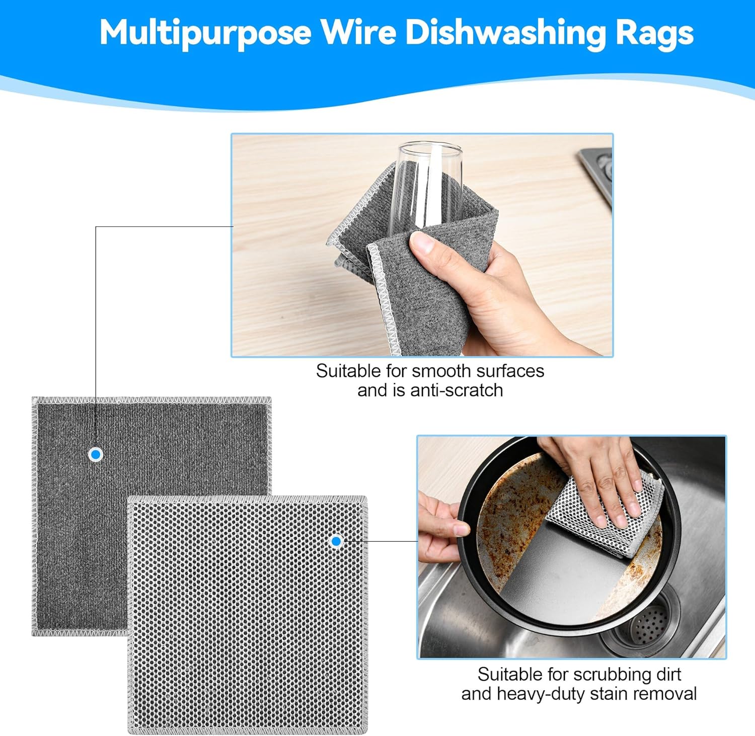 Stainless Steel Scrubber and Cleaning Rags - Non Scratch Wire Dishcloth for Washing Dishes, Durable