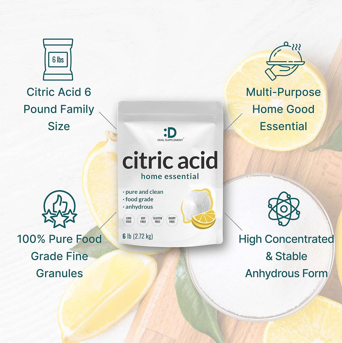 Citric Acid 6 Pounds | Fine Granular Powder, Food Grade, Bulk Supply – Potent Anhydrous Form