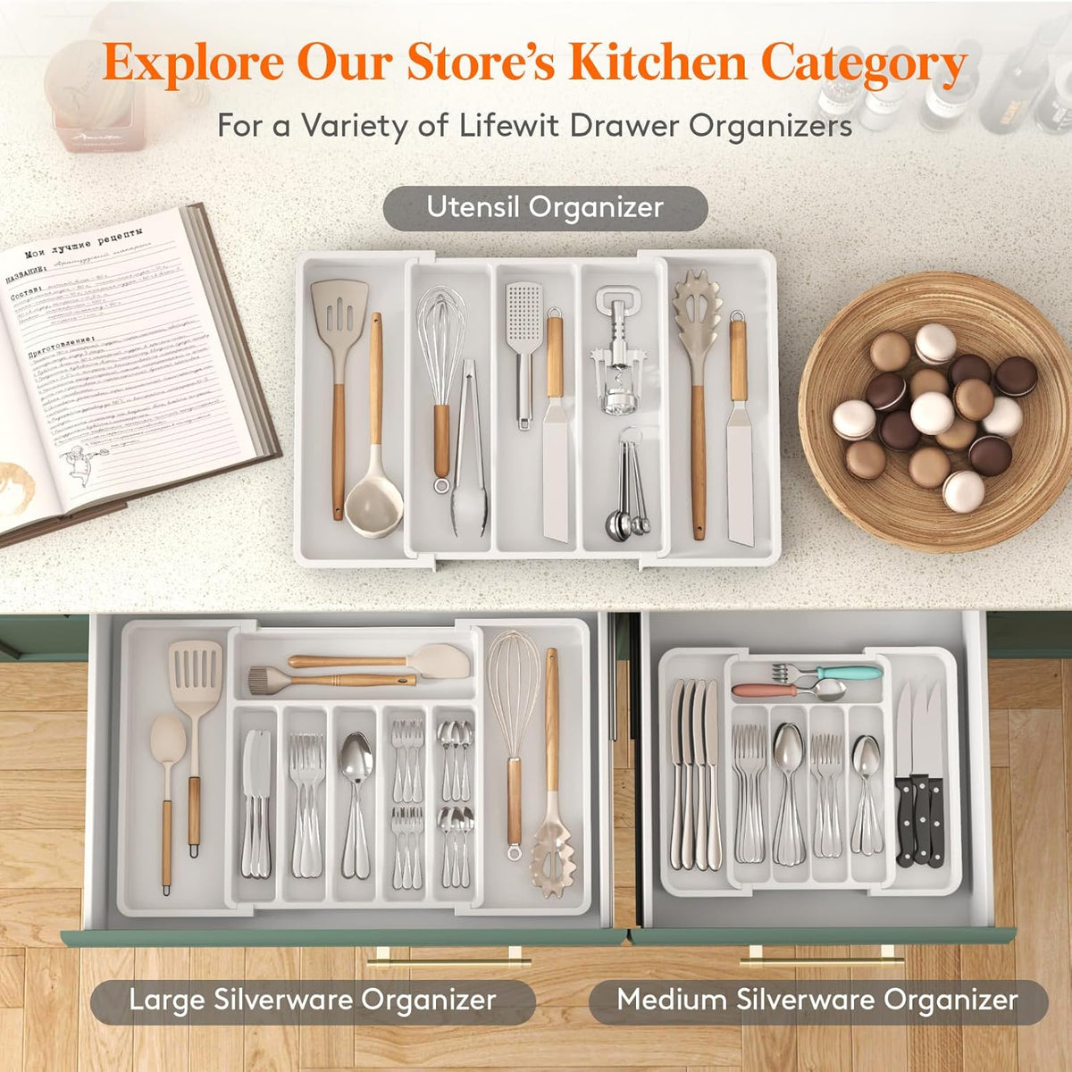 Lifewit Silverware Drawer Organizer, Expandable BPA Free Utensil Tray for Kitchen, Adjustable