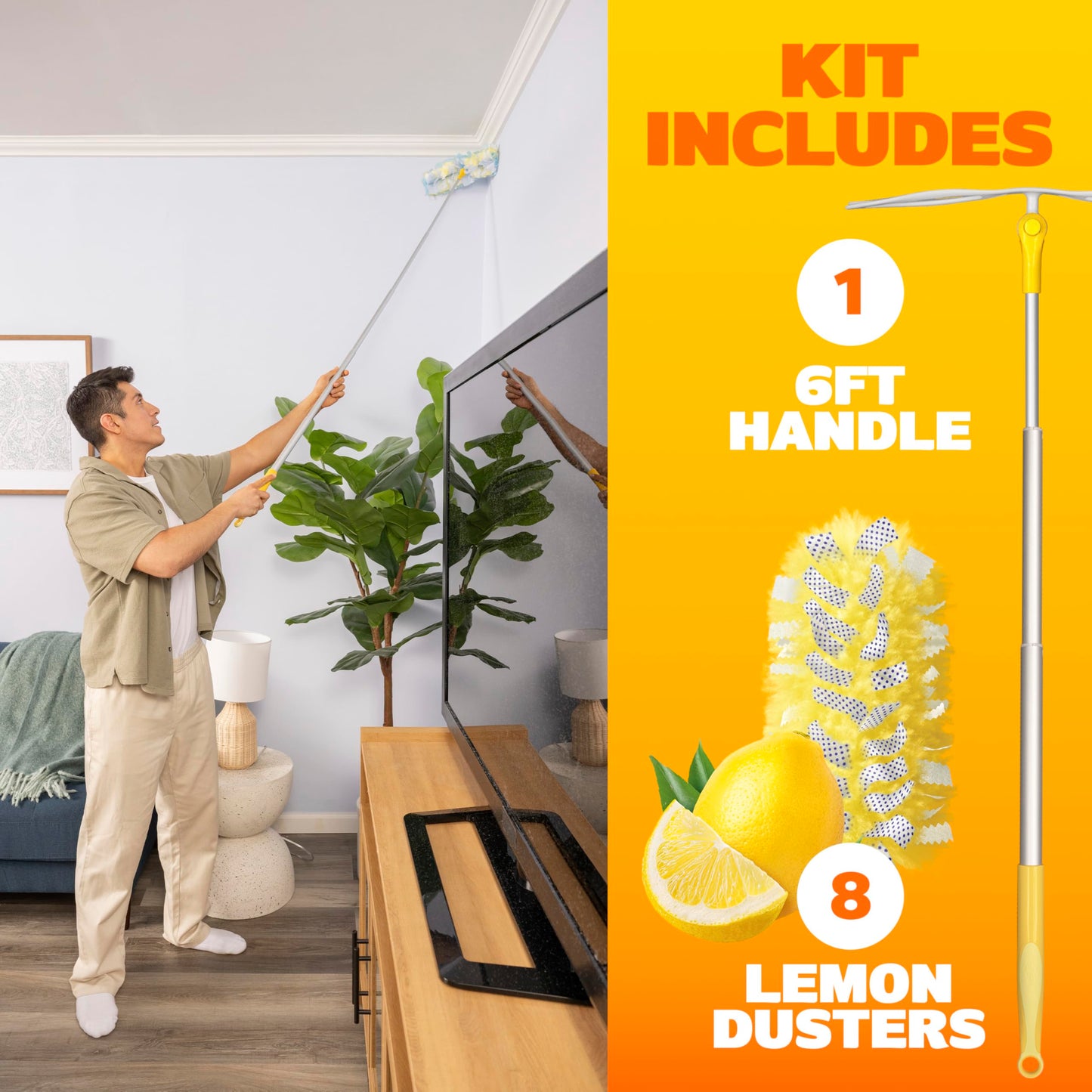 Swiffer Duster Kit with 6 ft Super Extendable Handle, Heavy Duty Starter Kit with 8 Refills, Lemon