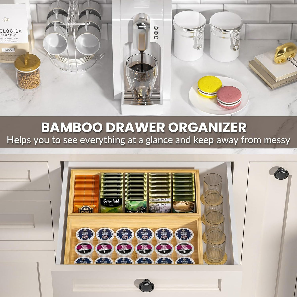 Kitchen Drawer Organizer Bins, Stackable Bamboo Drawer Organizer for Silverware, Flatware, Coffee