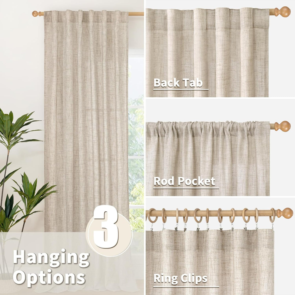 YoungsTex Short Linen Curtains 45 Inch Length for Cafe Window, Natural Light Filtering Drapes with