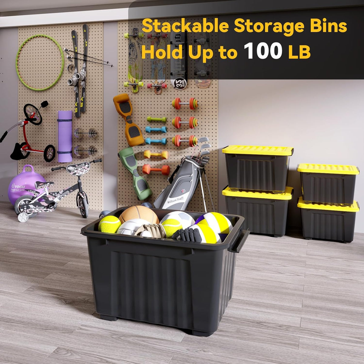 Nazhura 97 Quart Plastic Storage Bin, Stackable and Nestable Storage Boxes with Yellow Lids and