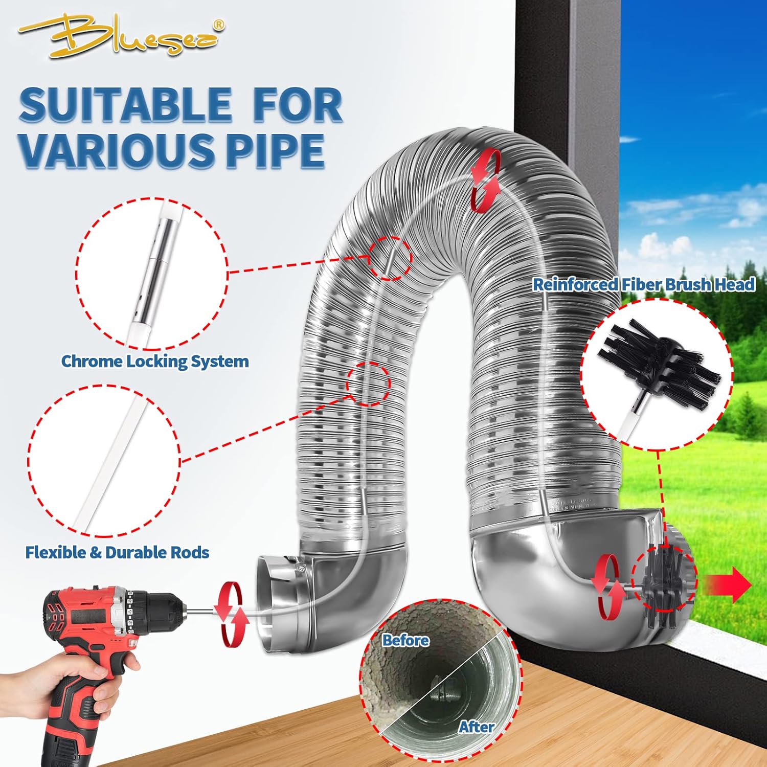 Bluesea 7 Pieces 35 Feet Dryer Vent Cleaner Kit, Reinforced Nylon Dryer Vent Cleaning Kit, Durable