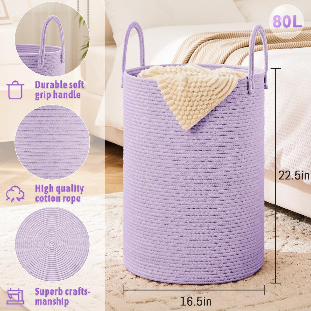 Laundry Basket,Woven Cotton Rope Laundry Hamper,80L for Decorative Storage of Dirty Clothes,Toys