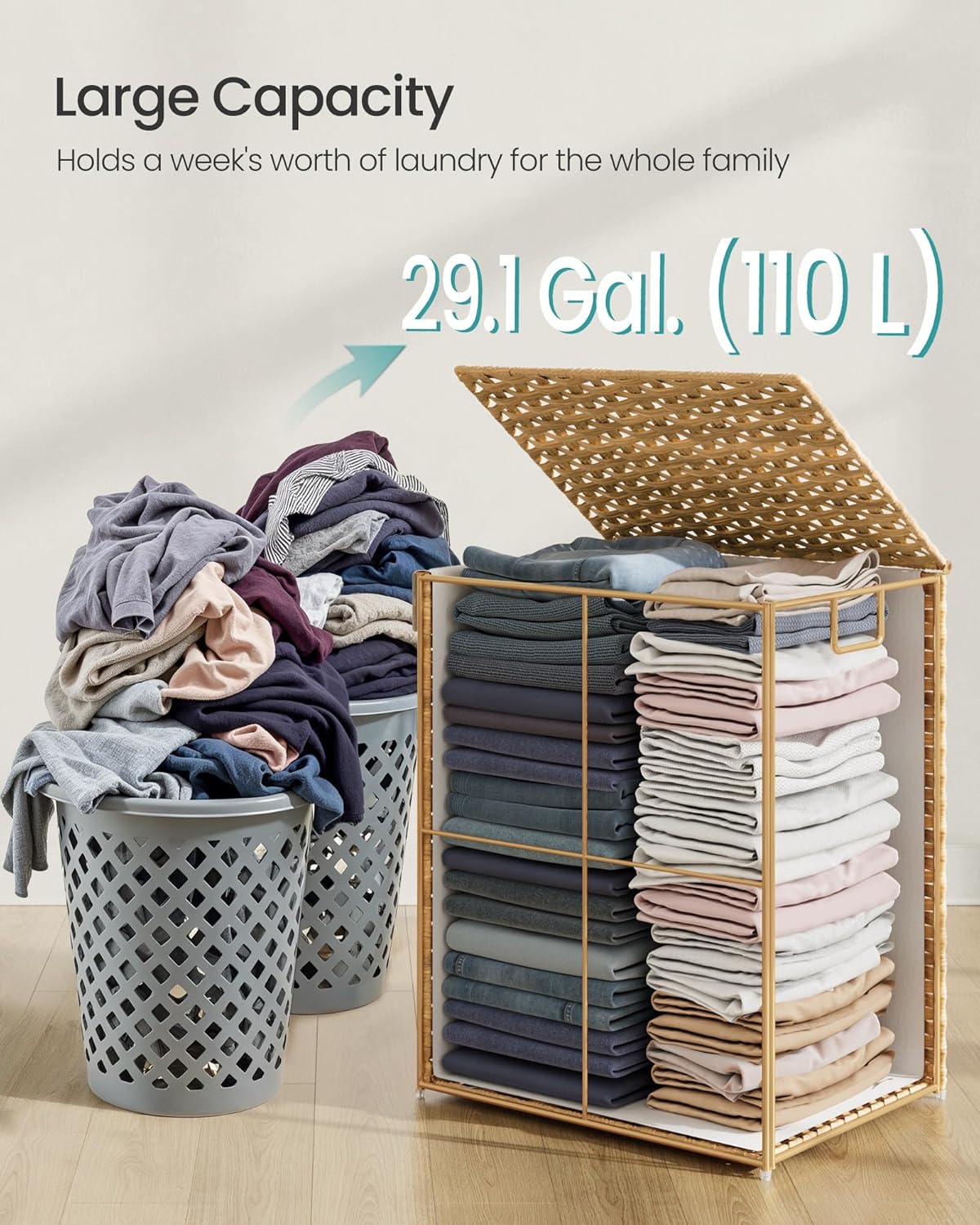 SONGMICS Laundry Hamper with Lid, 29.1 Gallon (110 L) Synthetic Rattan Clothes Laundry Basket with