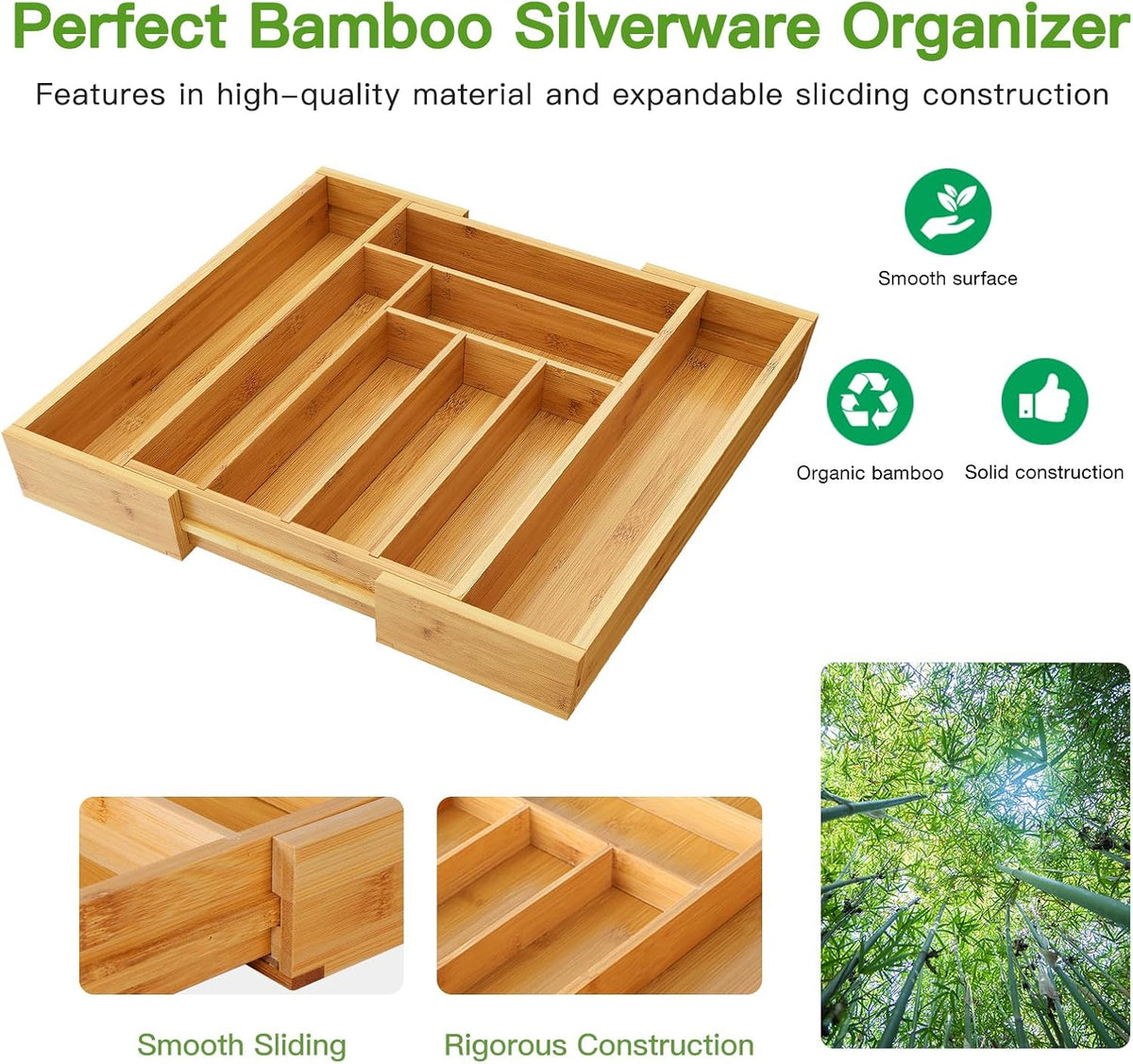 Pipishell Bamboo Expandable Drawer Organizer for Utensils Holder, Adjustable Cutlery Tray, Wood