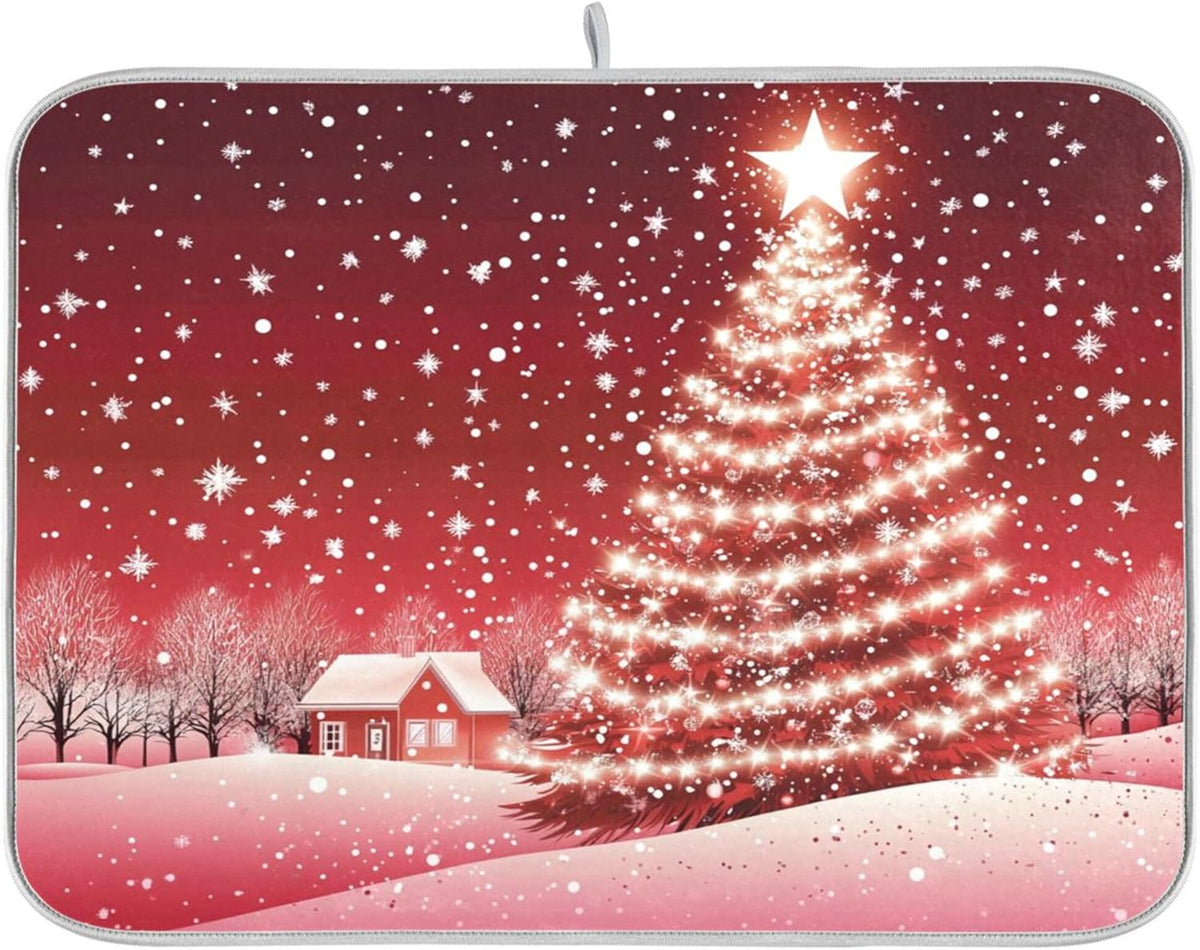 Christmas Tree Red Dish Drying Mat for Kitchen Countertop 18x24 Winter Snow Cabin Xmas Large Drying