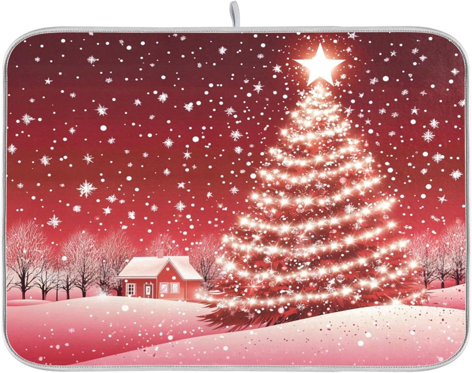 Christmas Tree Red Dish Drying Mat for Kitchen Countertop 16x18 Winter Snow Cabin Xmas Small Drying