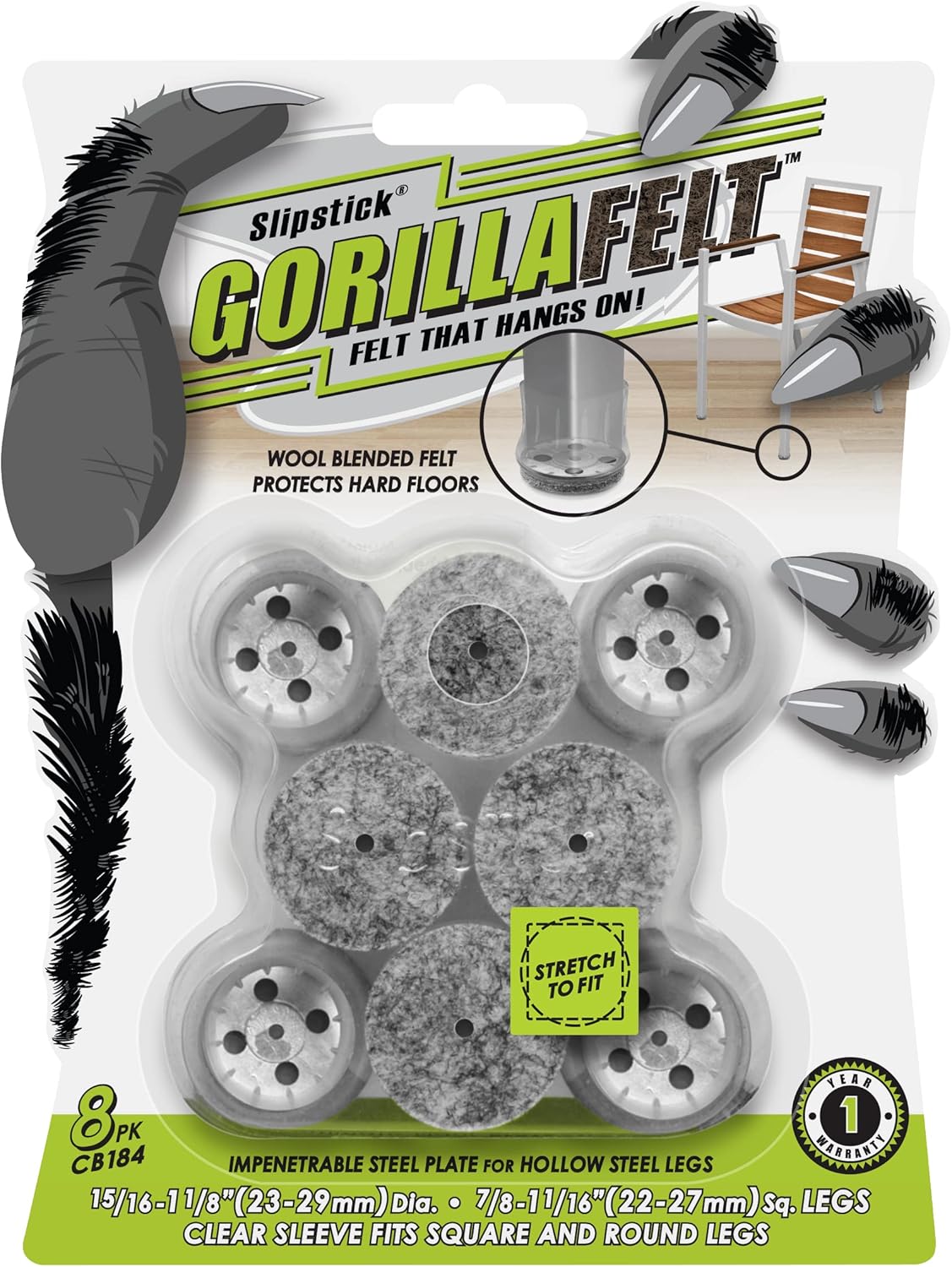 Slipstick GorillaFelt Chair Leg Floor Protectors for Hardwood Floors, Clear Sleeve Felt Pads for