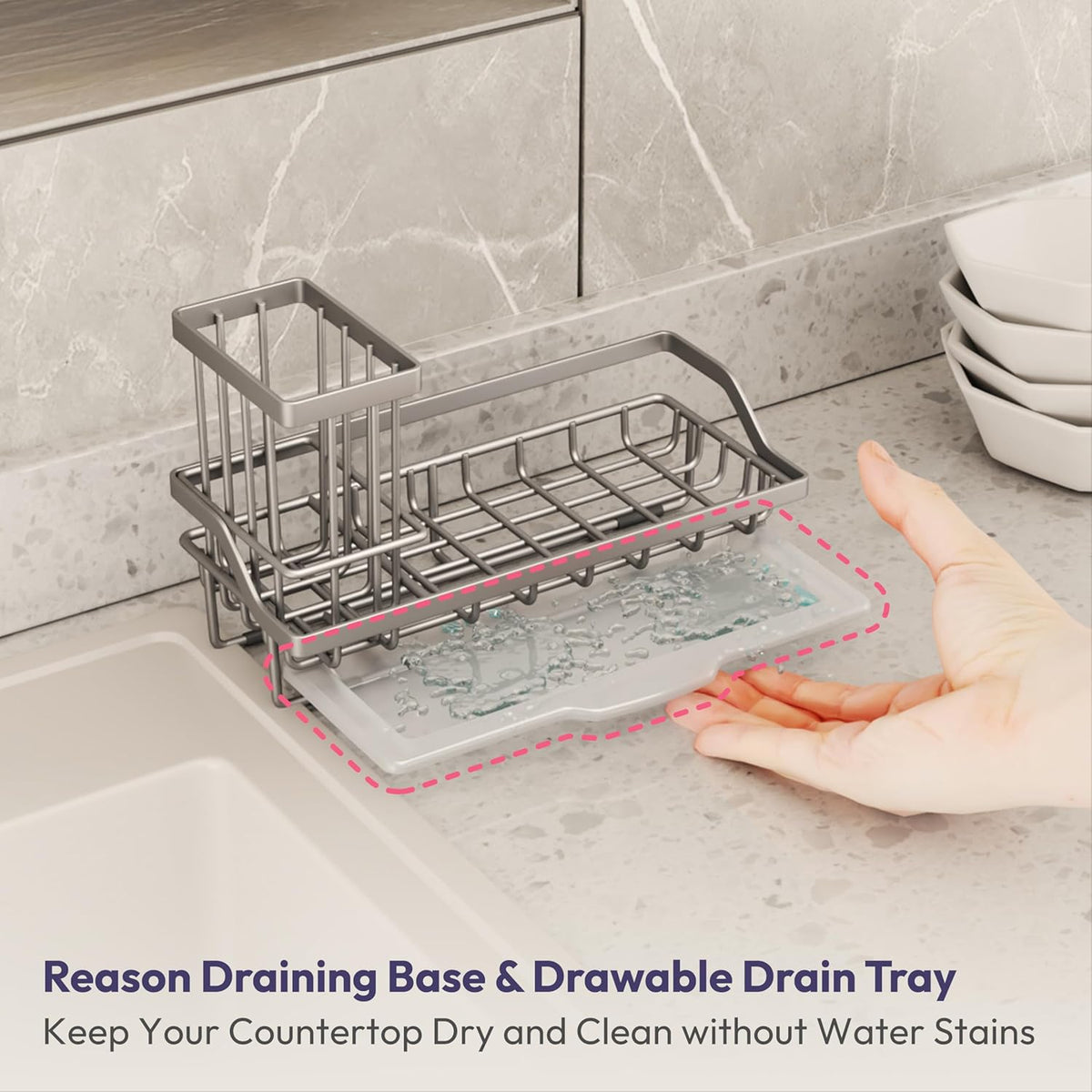 SWTYMIKI Sink Caddy Sponge Holder - Kitchen Sink Organizer with High Brush Holder for Countertop to