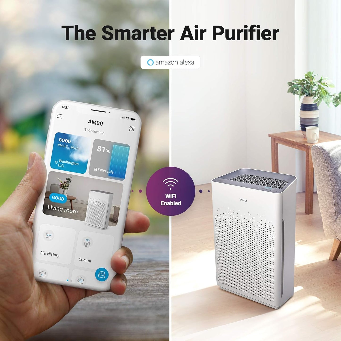 WINIX AM90 Air Purifier for Home Large Room Up to 1740 Ft² in 1 Hr With Air Quality Monitor, True