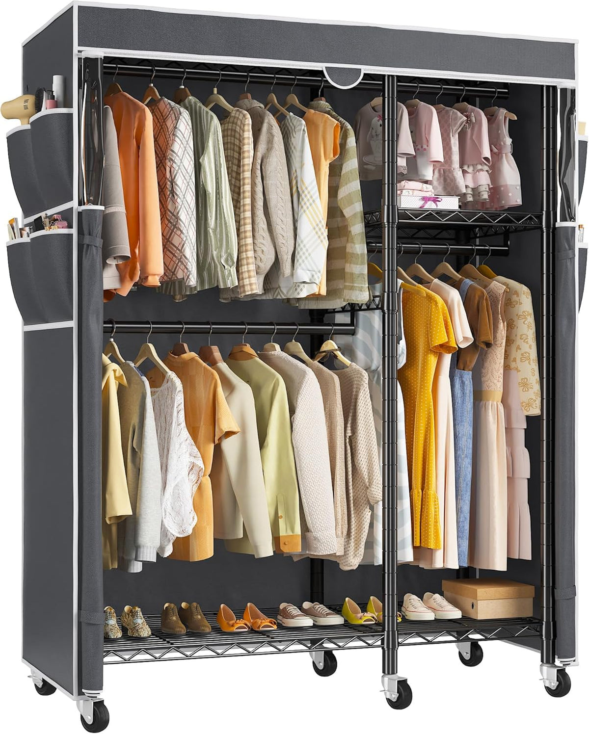 Raybee Clothes Rack with Cover,Clothing Racks for Hanging Clothes with Wheels and Adjustable