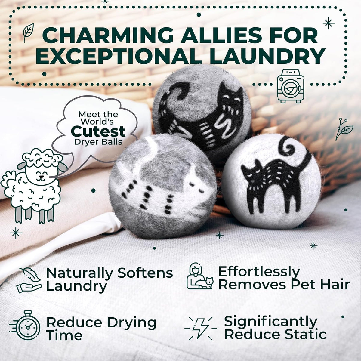 No More Dryer Sheets! Reusable Wool Dryer Balls XL 6-Pack - Reduces Static, Cuts Dry Time, &