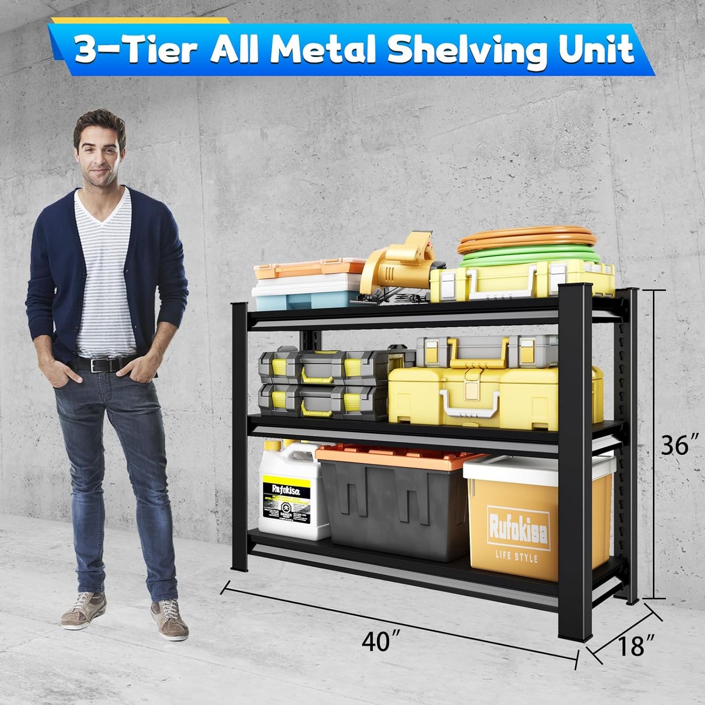 40" W Garage Shelving Heavy Duty，1500LBS Loads Adjustable Garage Storage Shelves,3-Tier Metal