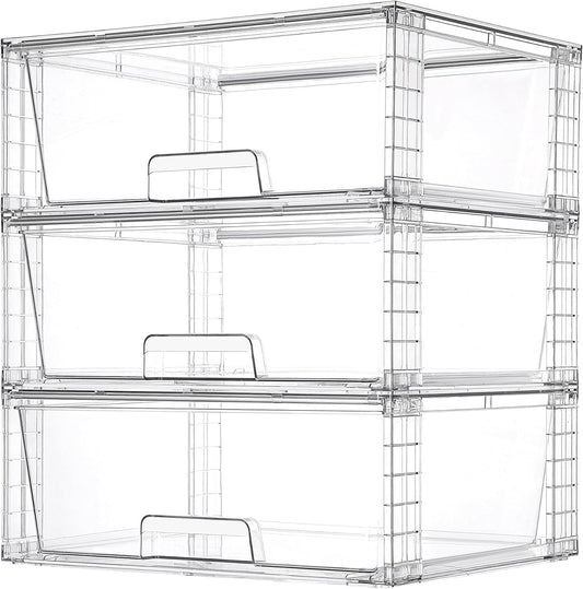 Vtopmart 3 Pack Large Stackable Storage Drawers,Easily Assemble Clear Acrylic Bathroom Closet