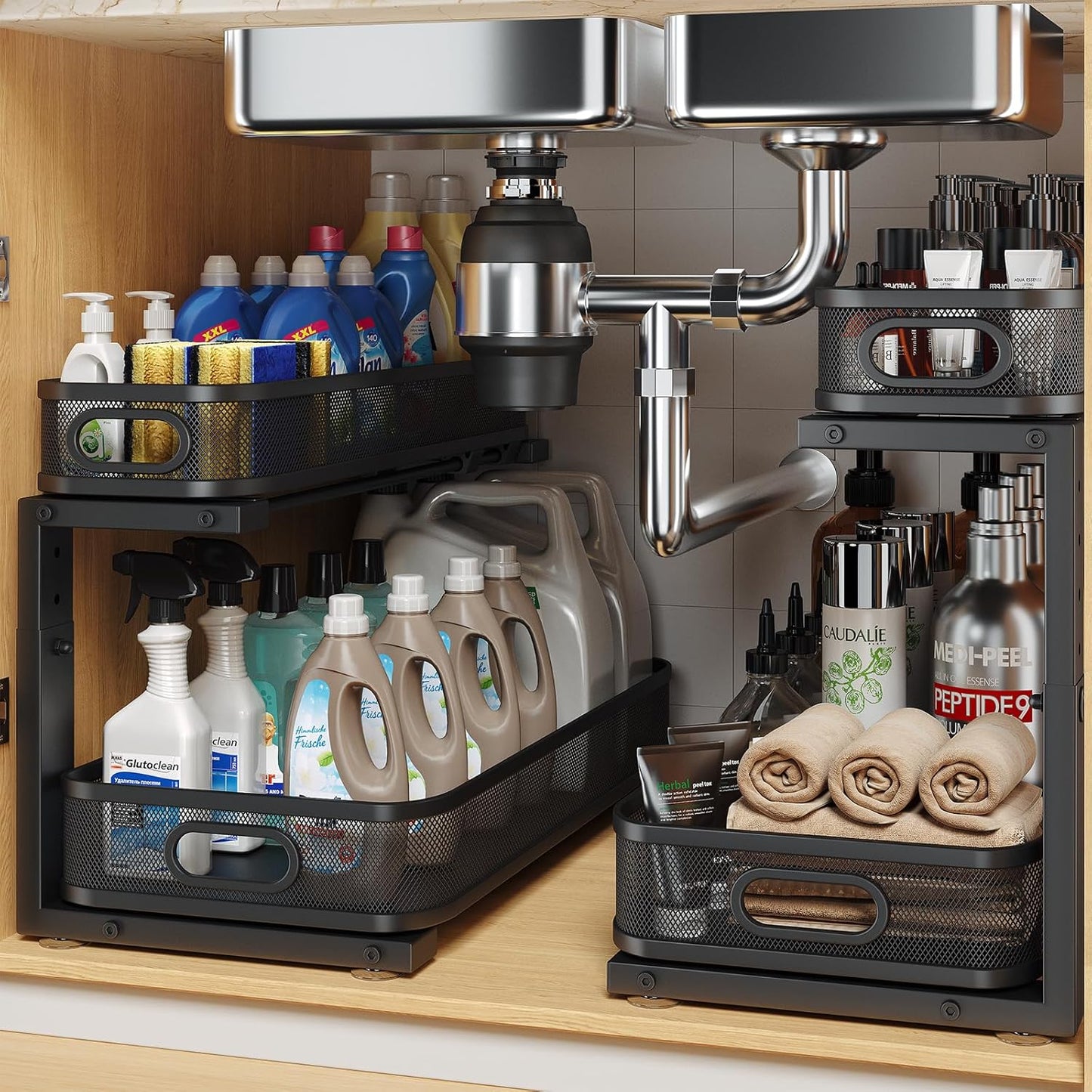2 Pack 19.3IN-Depth Under Sink Organizer with Smooth Cylindrical Rail,2-Tier Pull Out Multi-Purpose