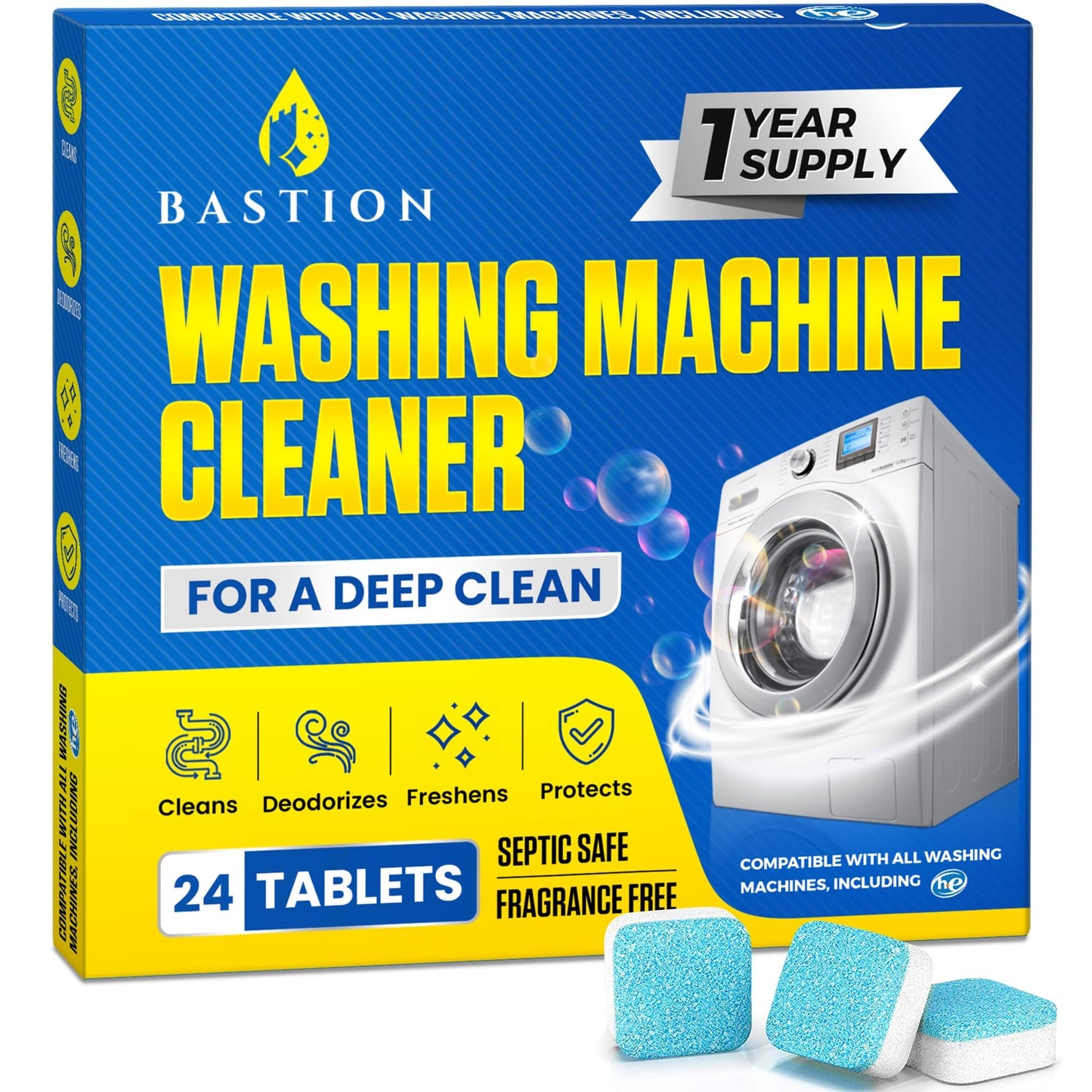 Washing Machine Cleaner Tablets 24 pack Powerful Descaler -Deep Cleaning for HE Front Loader & Top