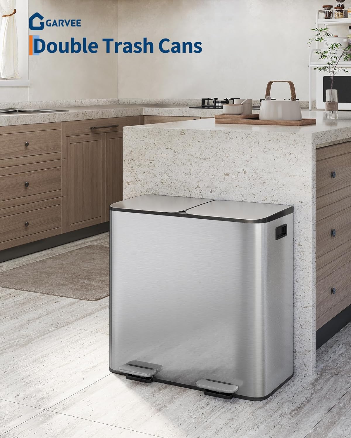 GarveeHome 2 x 10.6 Gallon Stainless Steel Double Trash Can with Lid for Kitchen, Large Dual Trash