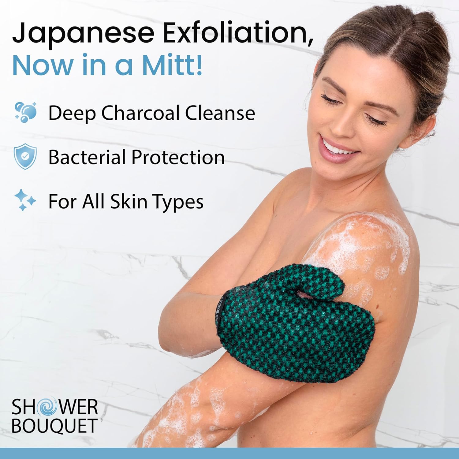 Japanese Exfoliating Mitt for Shower [Green] - Charcoal & Silver Ion Exfoliating Glove - Gentle