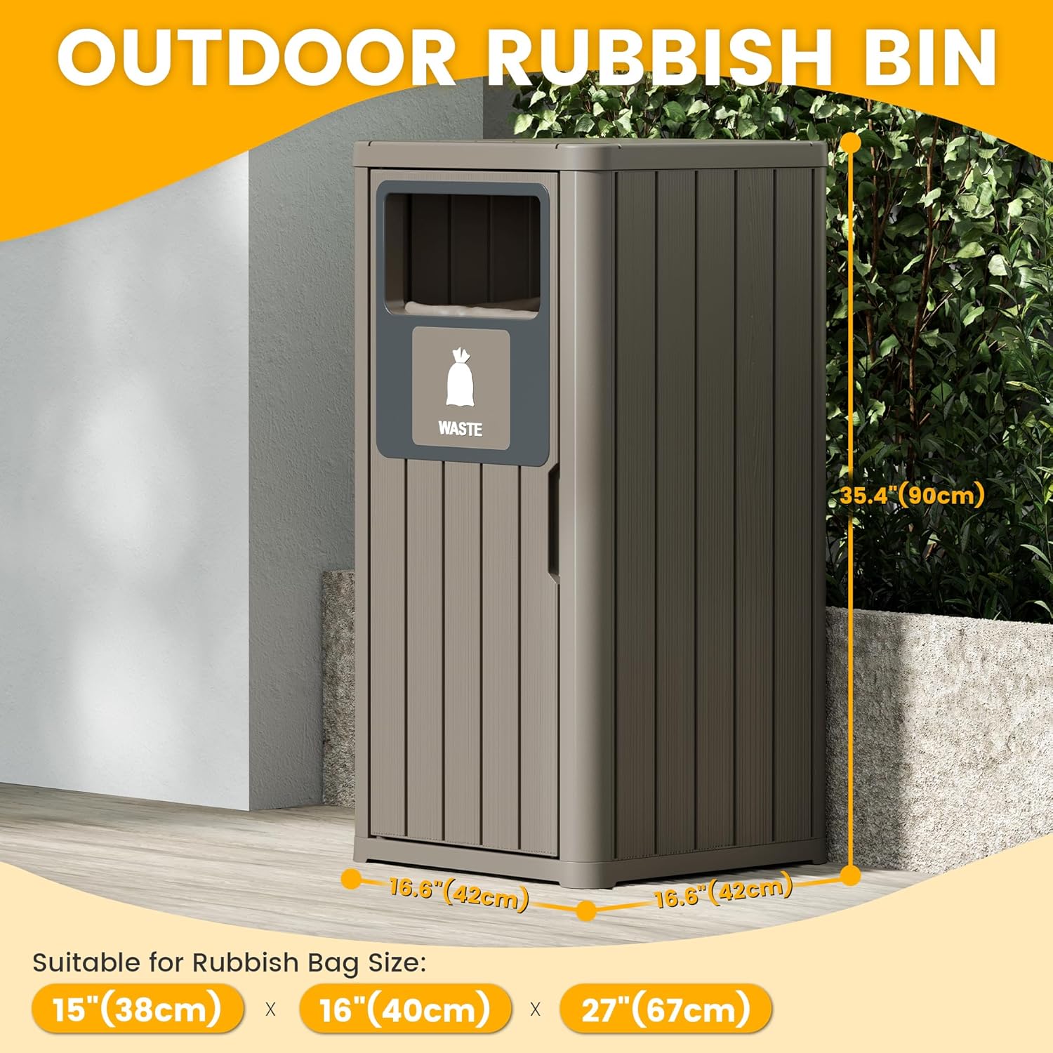 Outdoor Trash Can Waterproof Resin Garbage Can with Garbage Labels Outdoor Trash Bin for Patio
