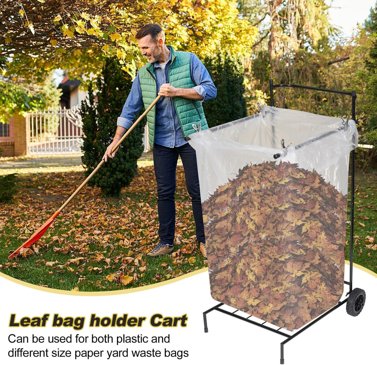 Heavy Duty Portable Trash Bag Holder with Wheel, Adjustable 30-45 Gallon Outdoor Leaf Bag Stand