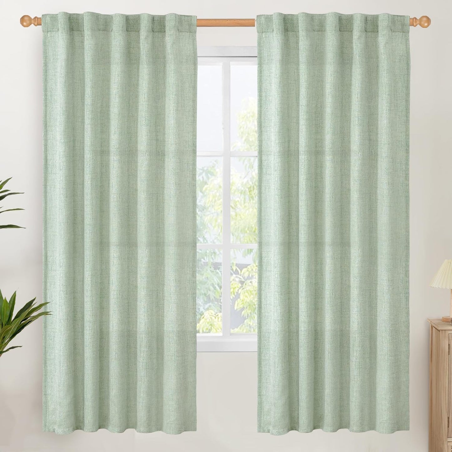 YoungsTex Sage Green Curtains 72 Inch Length for Living Room, Semi Sheer Linen Drapes Light