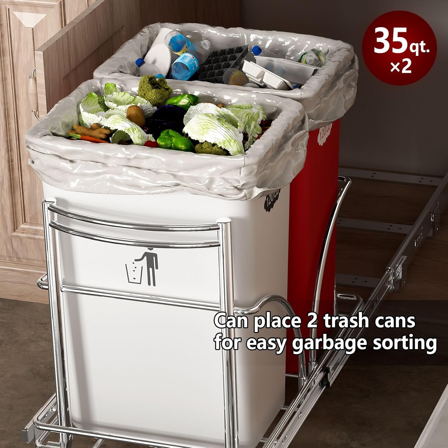Dual Under Sink Trash Can Heavy Duty Pull Out Trash Can Under Cabinet, Fits 2x35Qt (7-9 Gal)