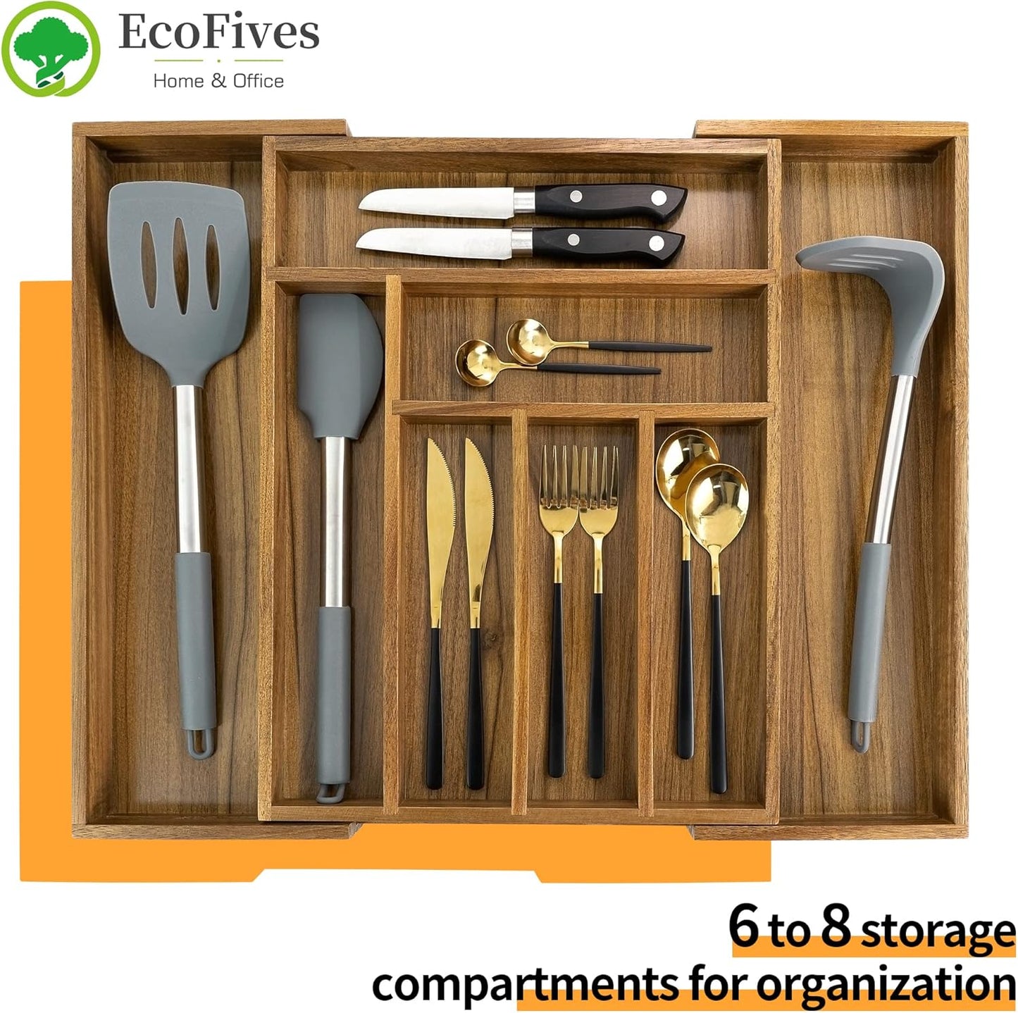 Luxury Acacia Kitchen Drawer Organizer - Silverware Organizer - Utensil Holder and Cutlery Tray