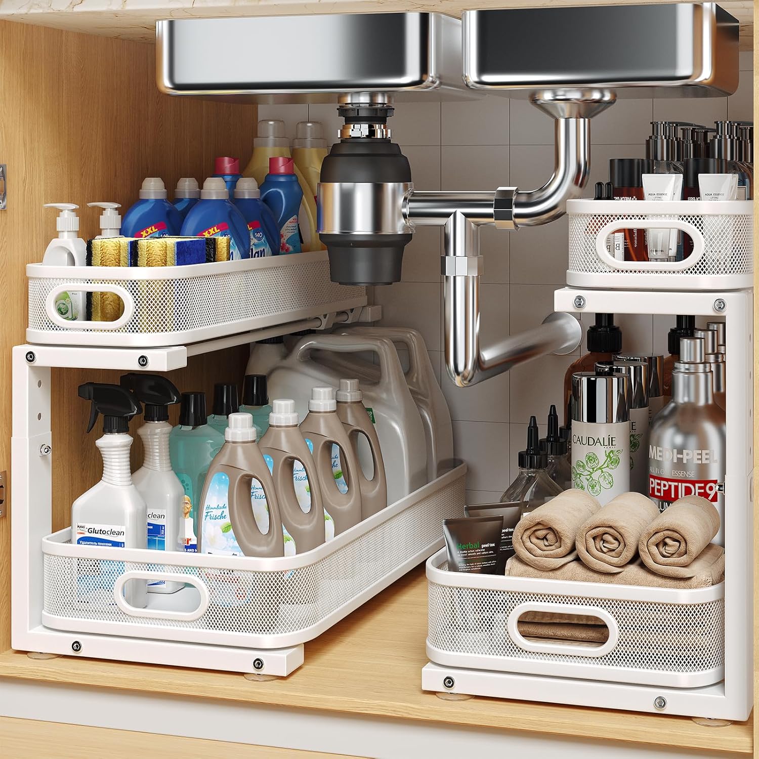 2 Pack 19.3IN-Depth Under Sink Organizer with Smooth Cylindrical Rail,2-Tier Pull Out Multi-Purpose