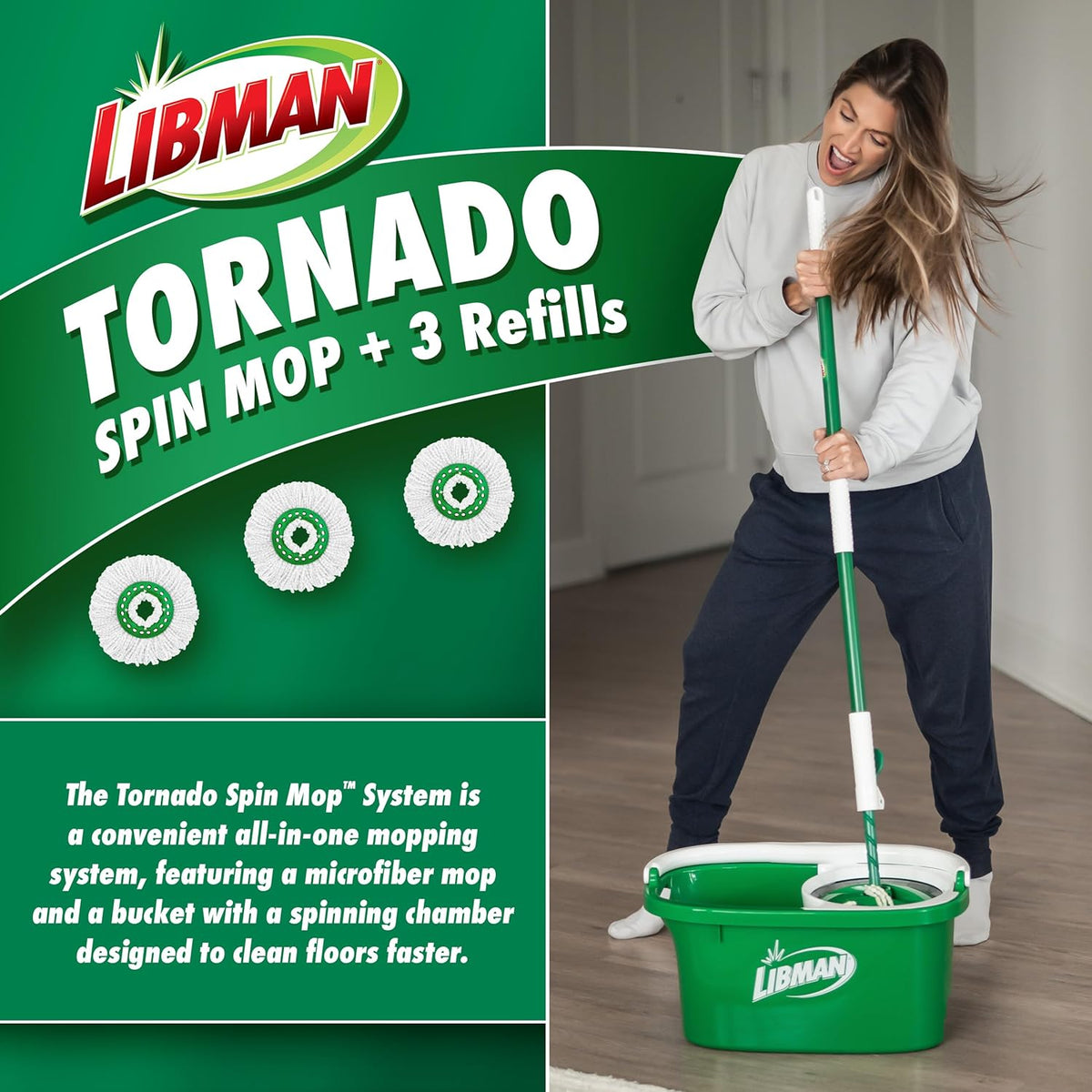 Libman Tornado Spin Mop System with 3 Refill Heads, Microfiber Spinning Mop and Bucket with Wringer