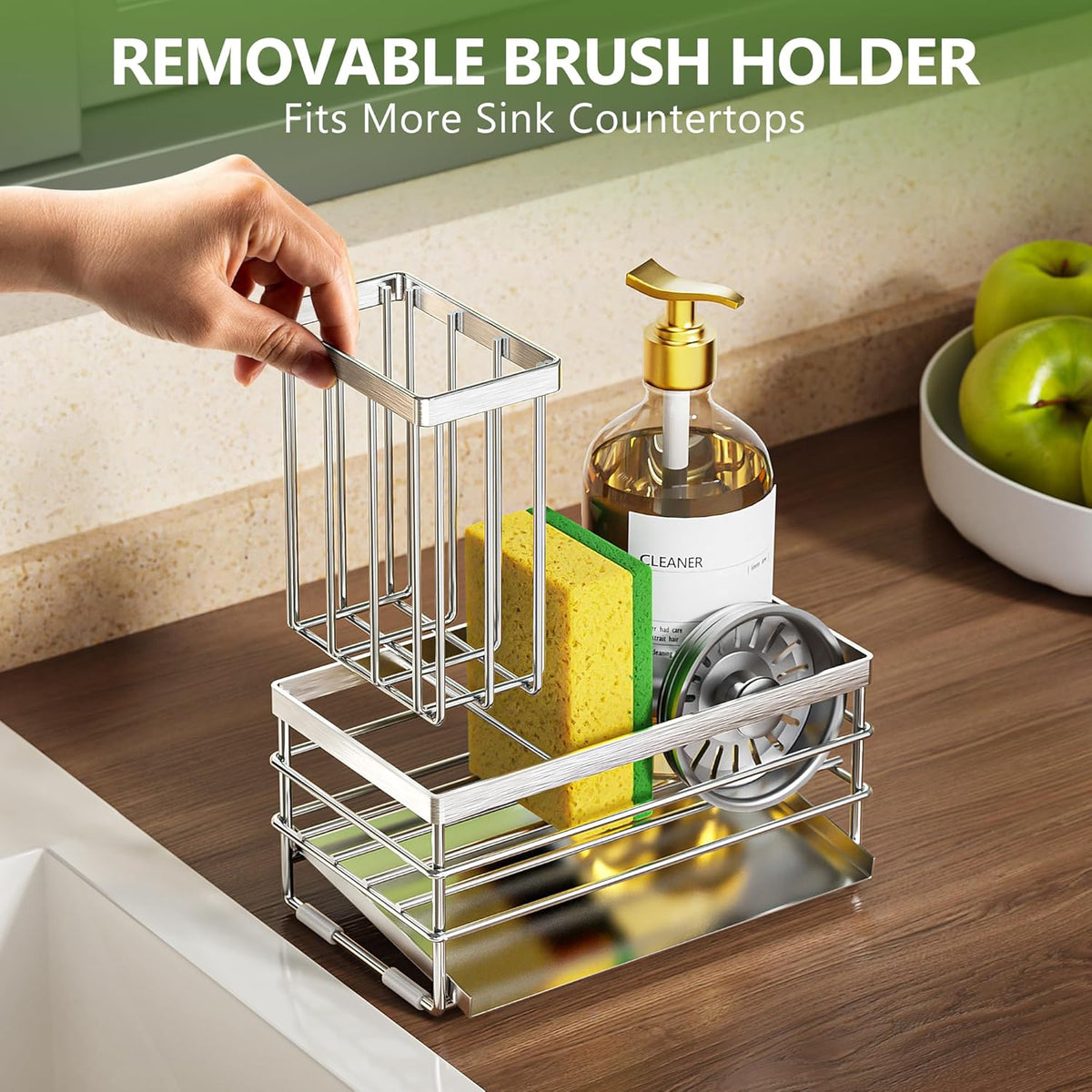 Cisily Sink Caddy Sponge Holder for Kitchen with Brush Holder and Stainless Steel Self Drain Tray