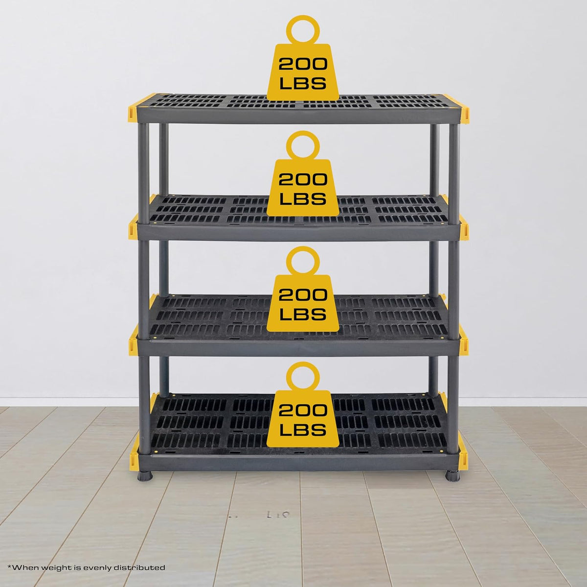 BLACK & YELLOW, 4-Tier Heavy Duty Plastic Storage Shelving Unit, 200lbs/shelf (55"H x 48"W x 20"D)