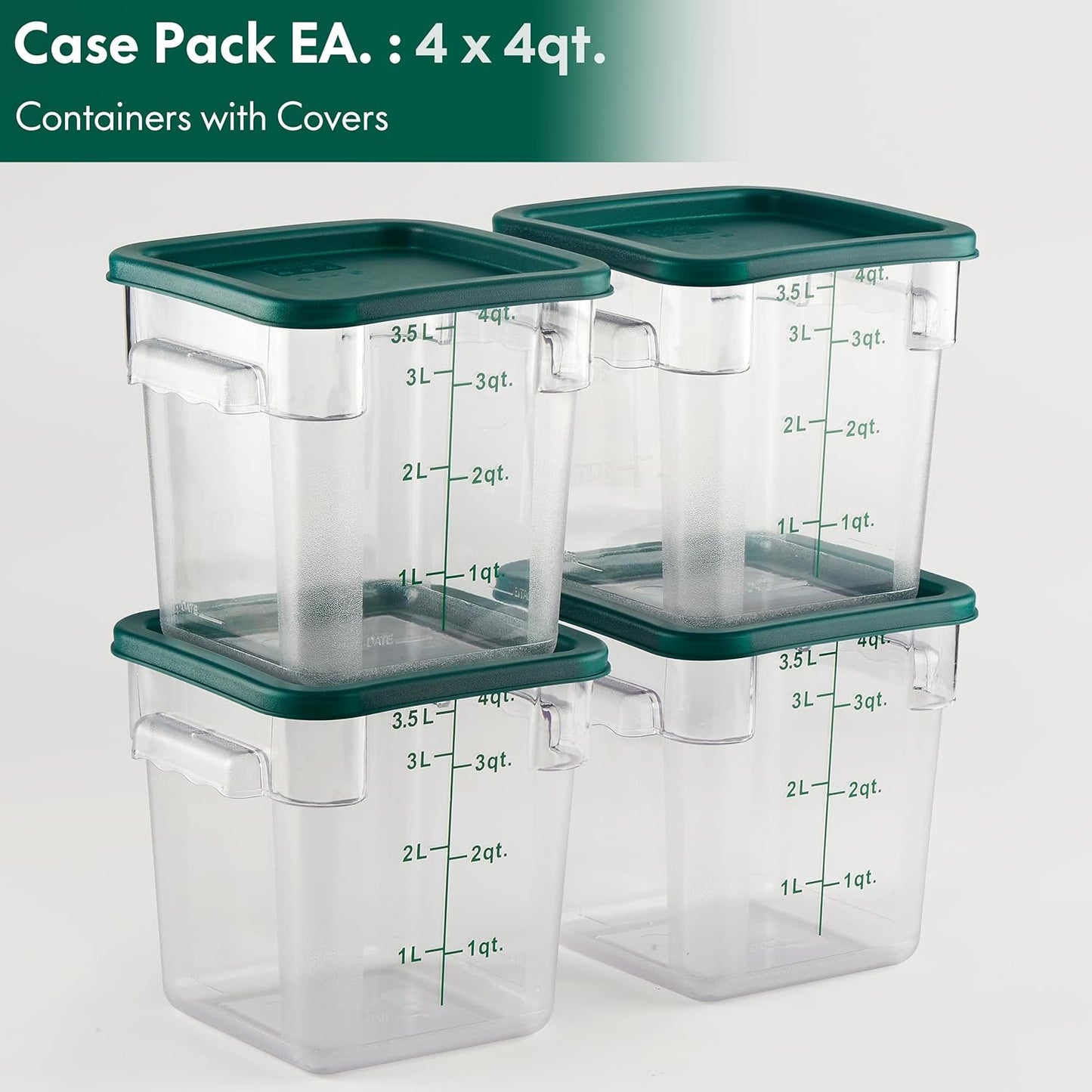 CURTA 4 Pack Food Storage Container with Green Lid - NSF Commercial Grade in 4.0 Qt - Square