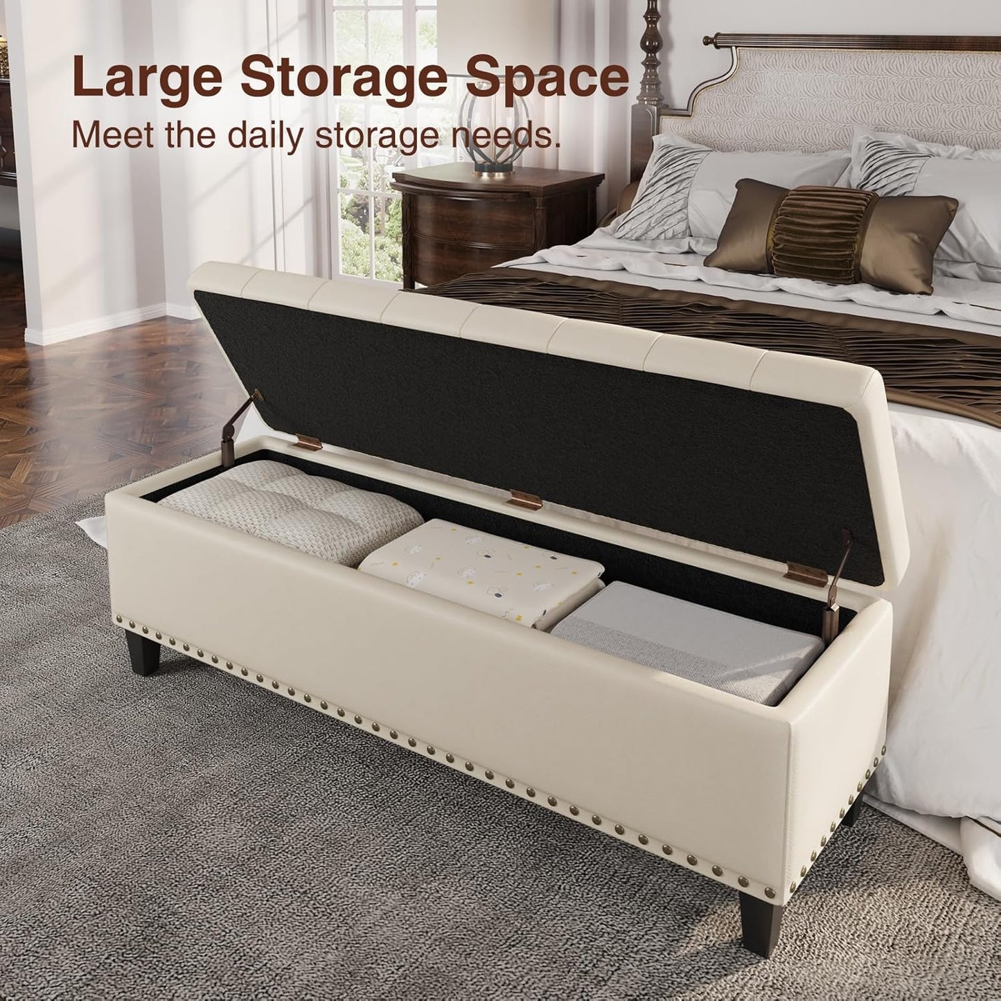 Storage Ottoman Bench, 51-Inch Large Storage Bench for Bedroom End of Bed, 30 Gallons Faux Leather