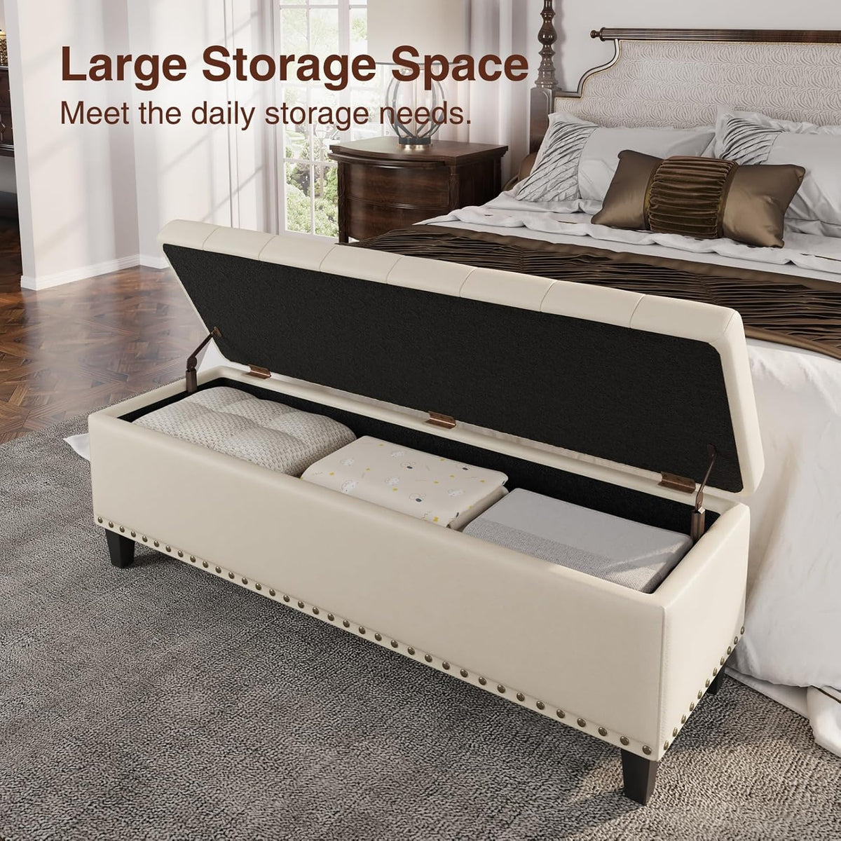 Storage Ottoman Bench, 51-Inch Large Storage Bench for Bedroom End of Bed, 30 Gallons Faux Leather