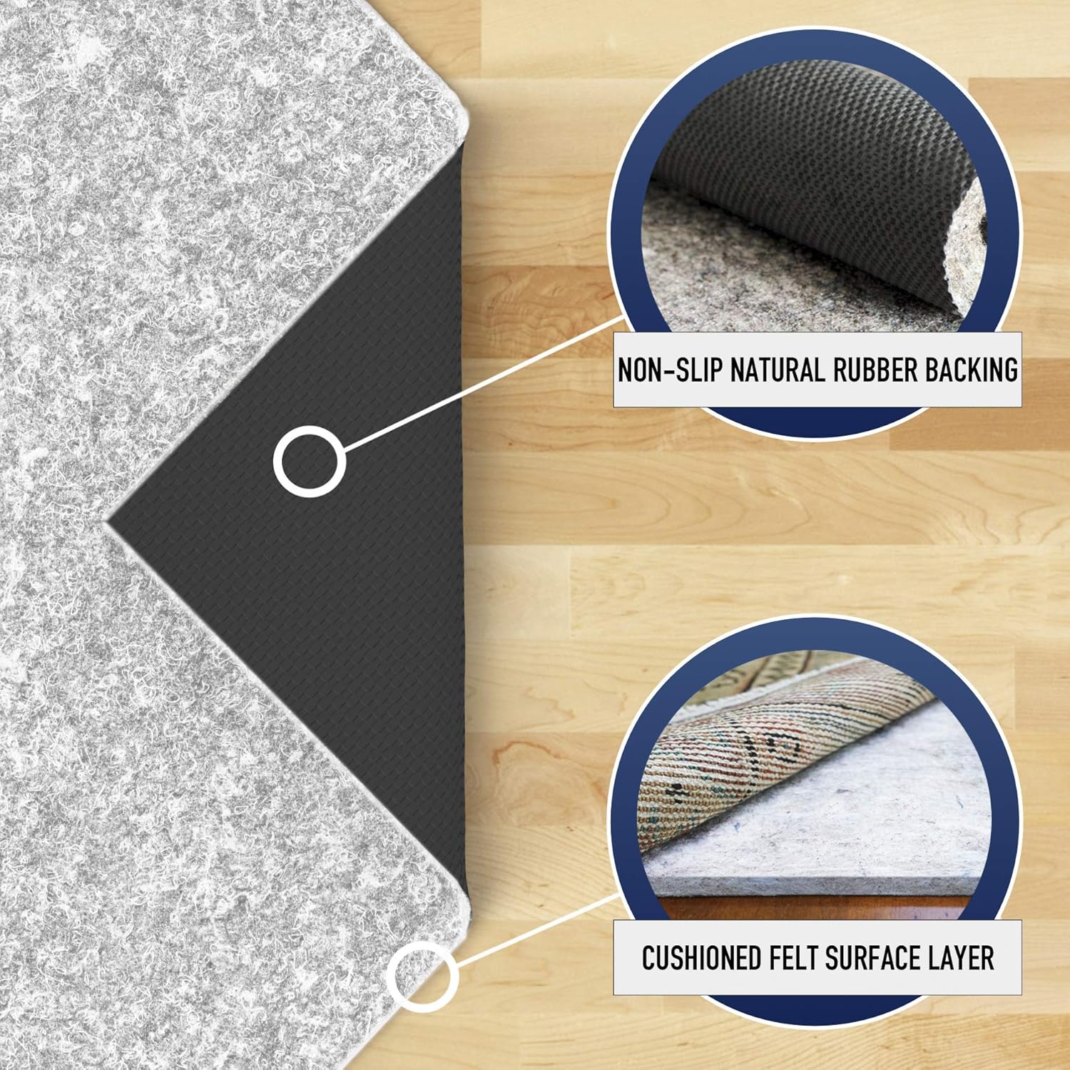 RUGPADUSA - Dual Surface - 9'x12' - 1/4" Thick - Felt + Rubber - Non-Slip Backing Rug Pad - Safe