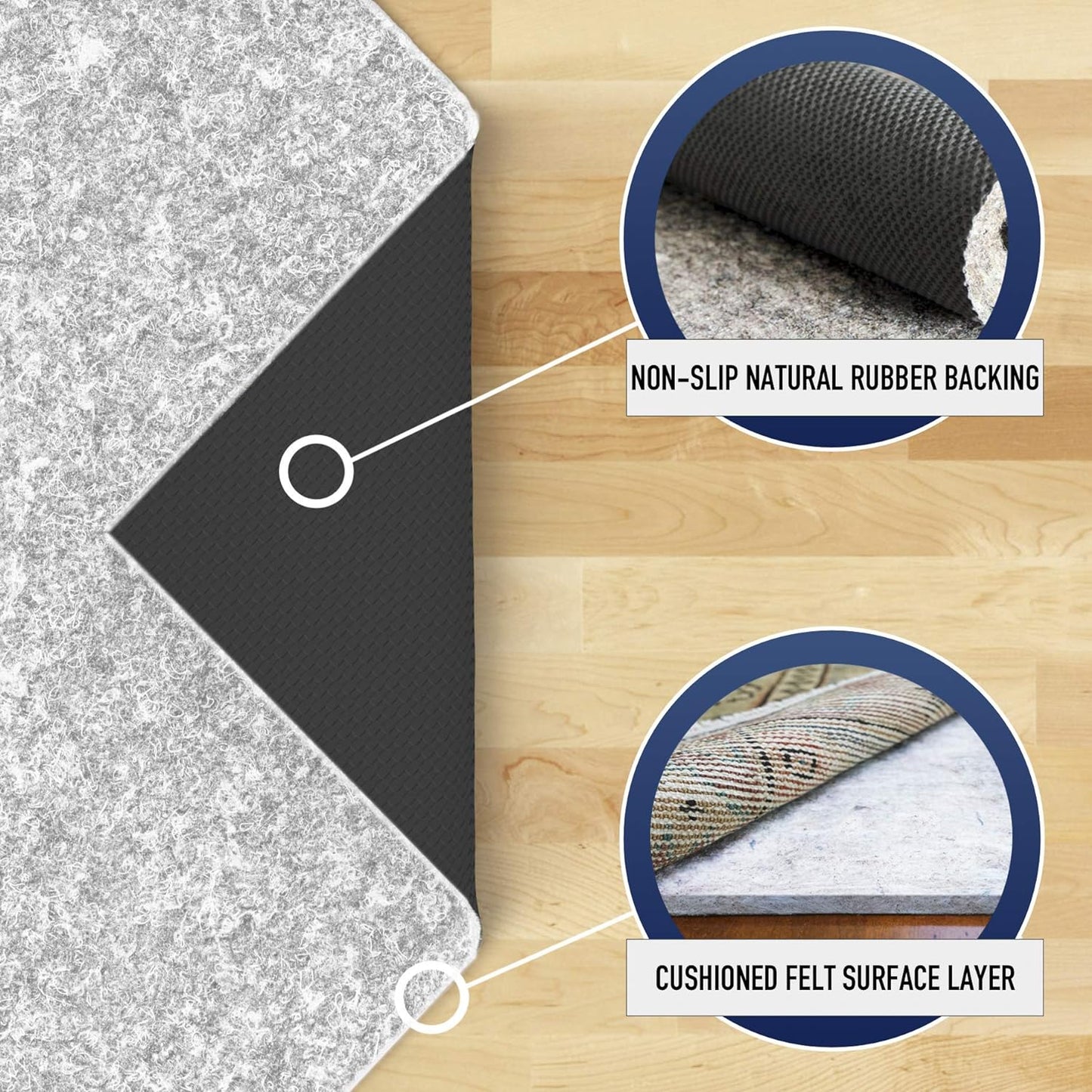 RUGPADUSA - Dual Surface - 10'x14' - 1/4" Thick - Felt + Rubber - Non-Slip Backing Rug Pad - Safe