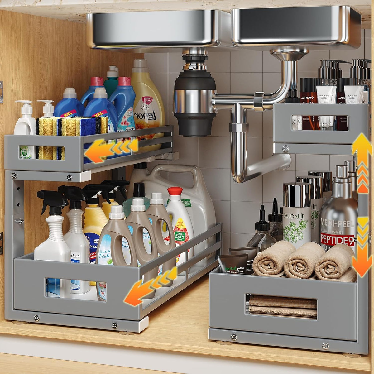 2-Pack 17"Deep Under Sink Organizer And Storage, 2-Tier L-Shaped Pull Out Cabinet Organizer with