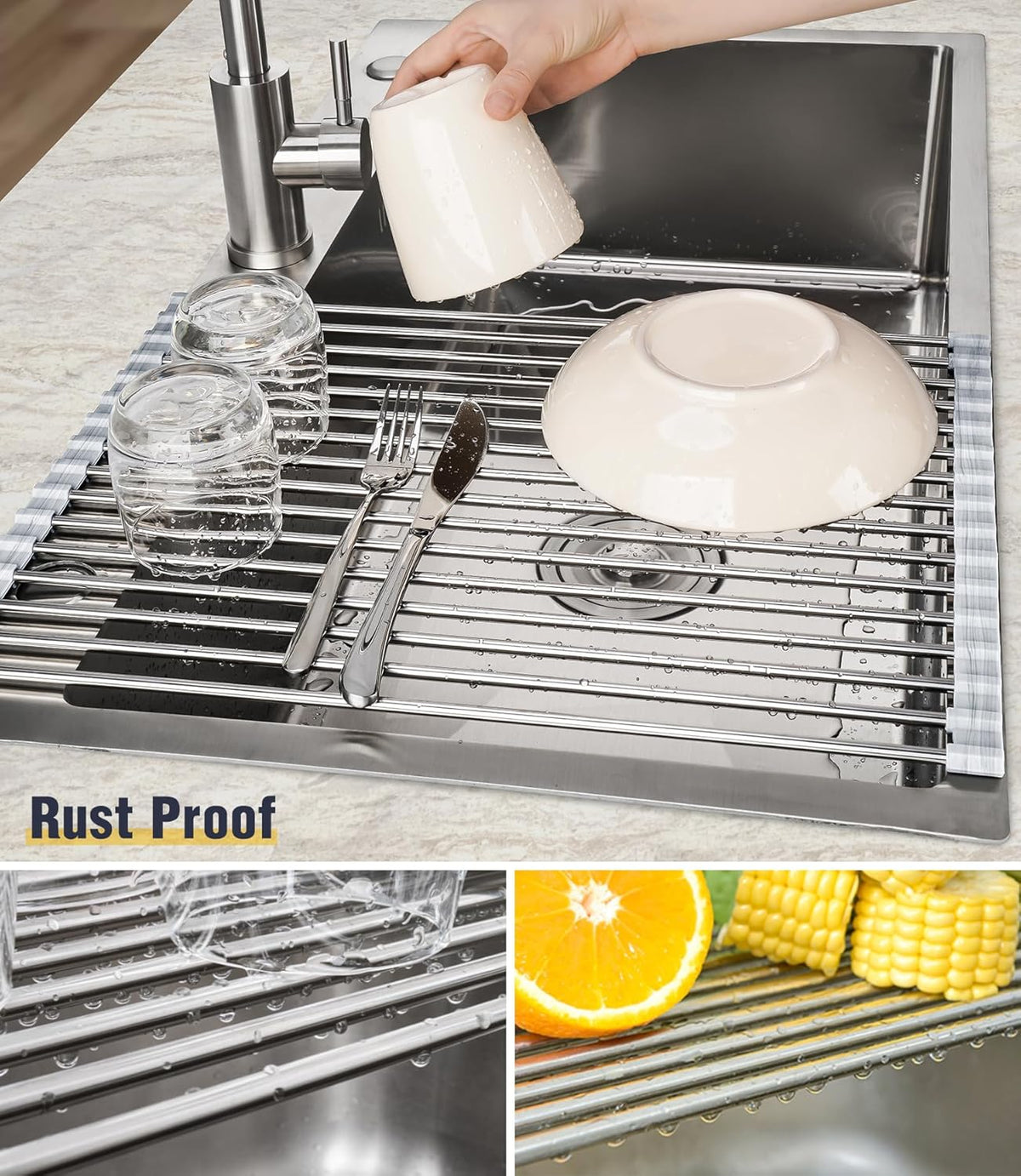 Tomorotec Stainless Steel Roll-Up Dish Drying Rack Marble Color Silicone Edges, Foldable Kitchen